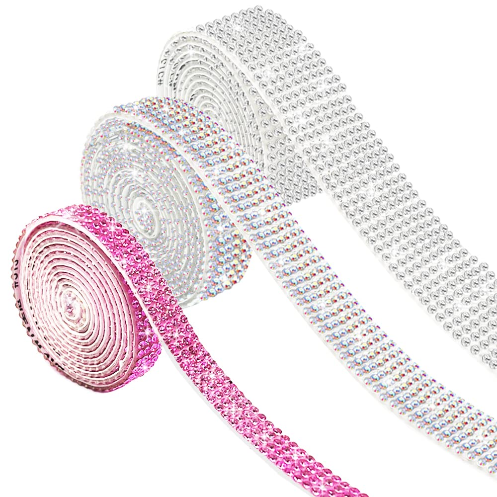 AFUNTA 3 Rolls Rhinestone Ribbon Self Adhesive, 3 Yards Crystal Stickers Glitter Ribbons Bling Ribbons Roll for Wedding Cakes Birthday Crafts Decorations (Silver AB Pink) image number 1