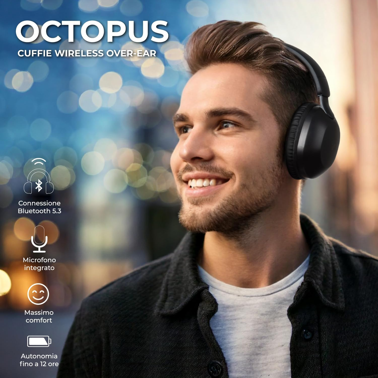 Vultech Octopus HBT-20BK 2.1 over Ear Wireless Bluetooth 5.3 and Aux Headphones with Microphone, Track Control, Call Management, Charging Type-C, Autonomy 12 Hours, Automatic Pairing Android, Ios image number 4