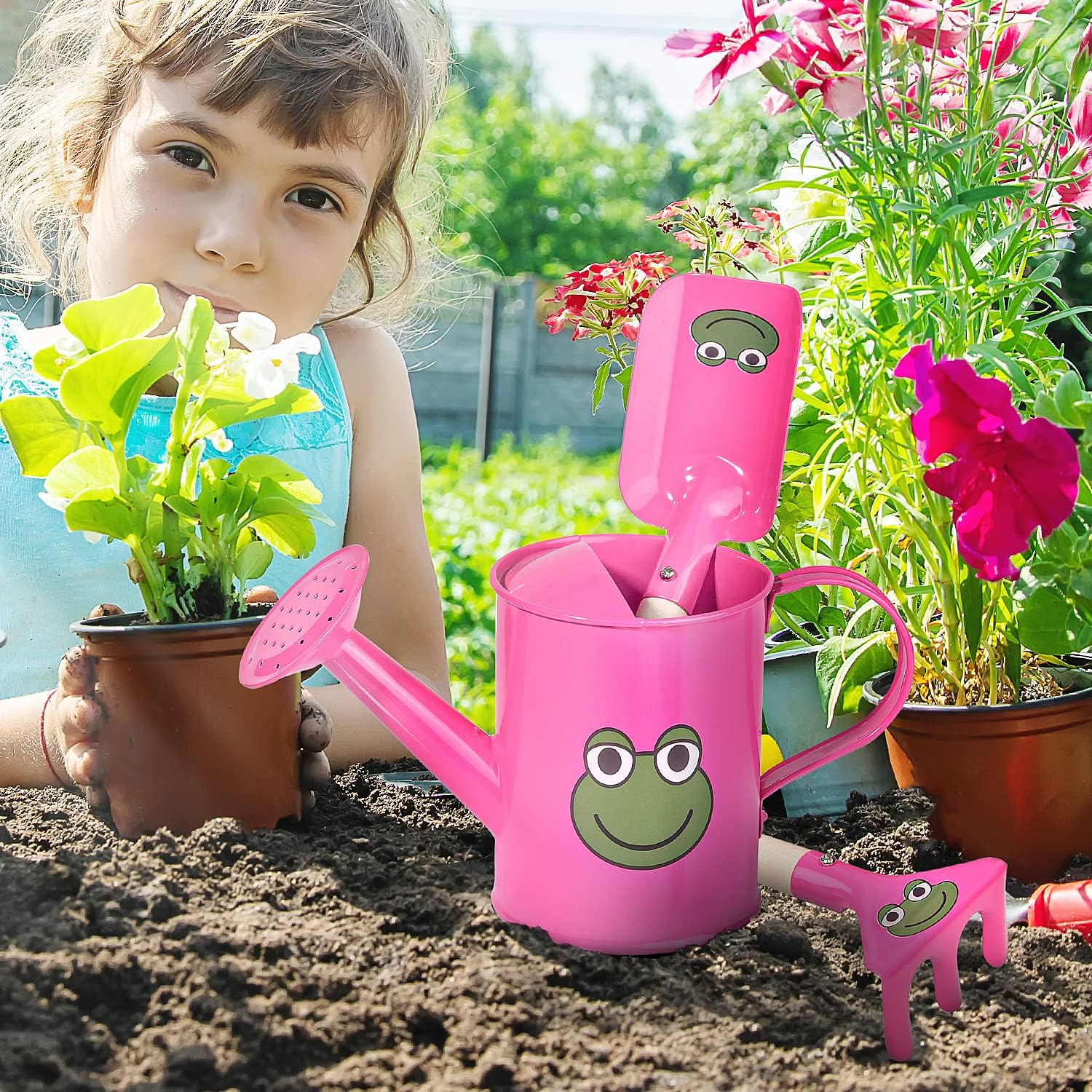 Sungmor Mini Garden Tools Set | Pretty & Cute Little Gardener Kit | Package Includes 3PC Rose Red Frog Watering Can & Trowel & Rake Gardening Hand Tools | Perfect for Play around Garden,Yard or Beach