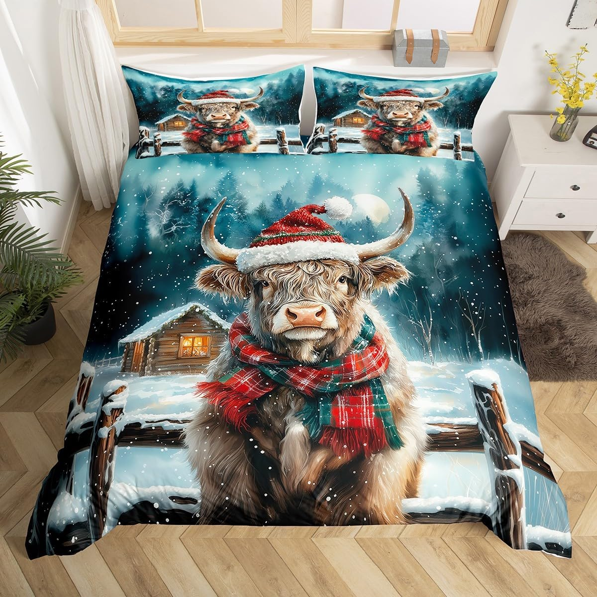 Kawaii Santa Claus Bed Linen Set for Children Girls Teens, Pink Christmas Duvet Cover 155 X 220, Cartoon Cute Gingerbread Man Comforter Cover, Christmas Candy Snowflake Bed Set Xmas Decor