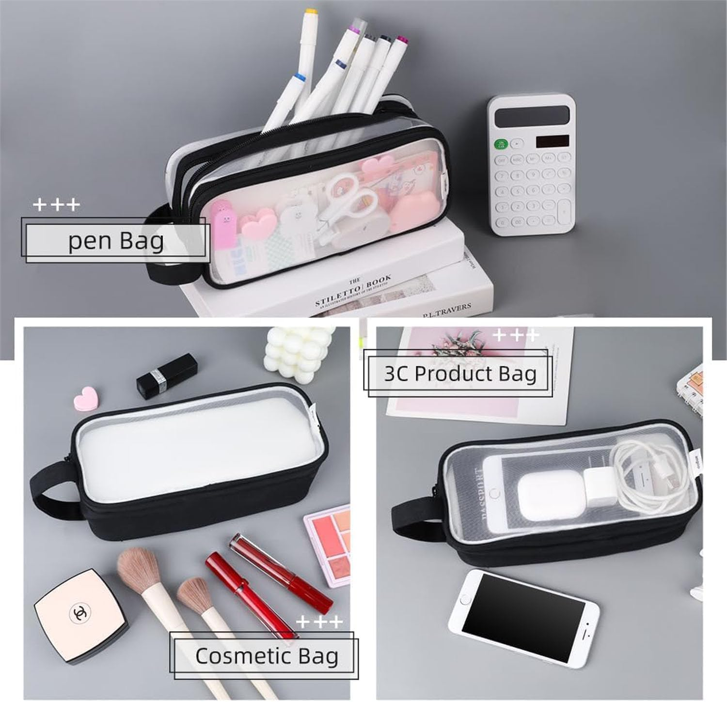 Grid Mesh Pen Pencil Case with Zipper, 2 Compartment Clear Pencil Case Pouch, Clear Zipper Transparent Stationary Makeup Bag, Multi-Purpose Transparent Stationery Bag (Black) image number 2