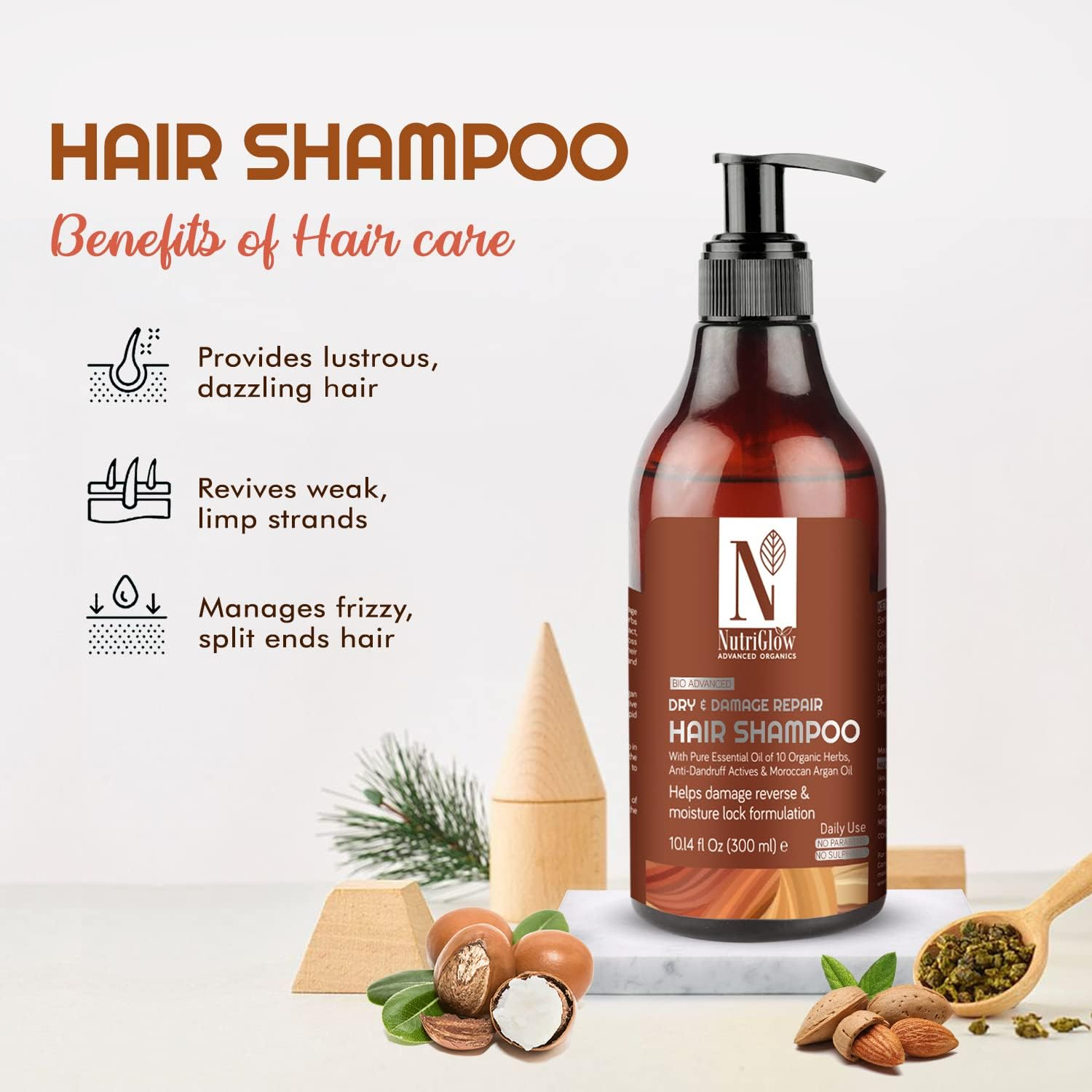 Nutriglow Advanced Organics Bio Advanced Daily Use Dry and Damage Repair Hair Shampoo (300Ml) + Hair Serum (100Ml)/Moisture Lock Formulation/Argan and Essential Oils/No Parabens/No Sulphate image number 4