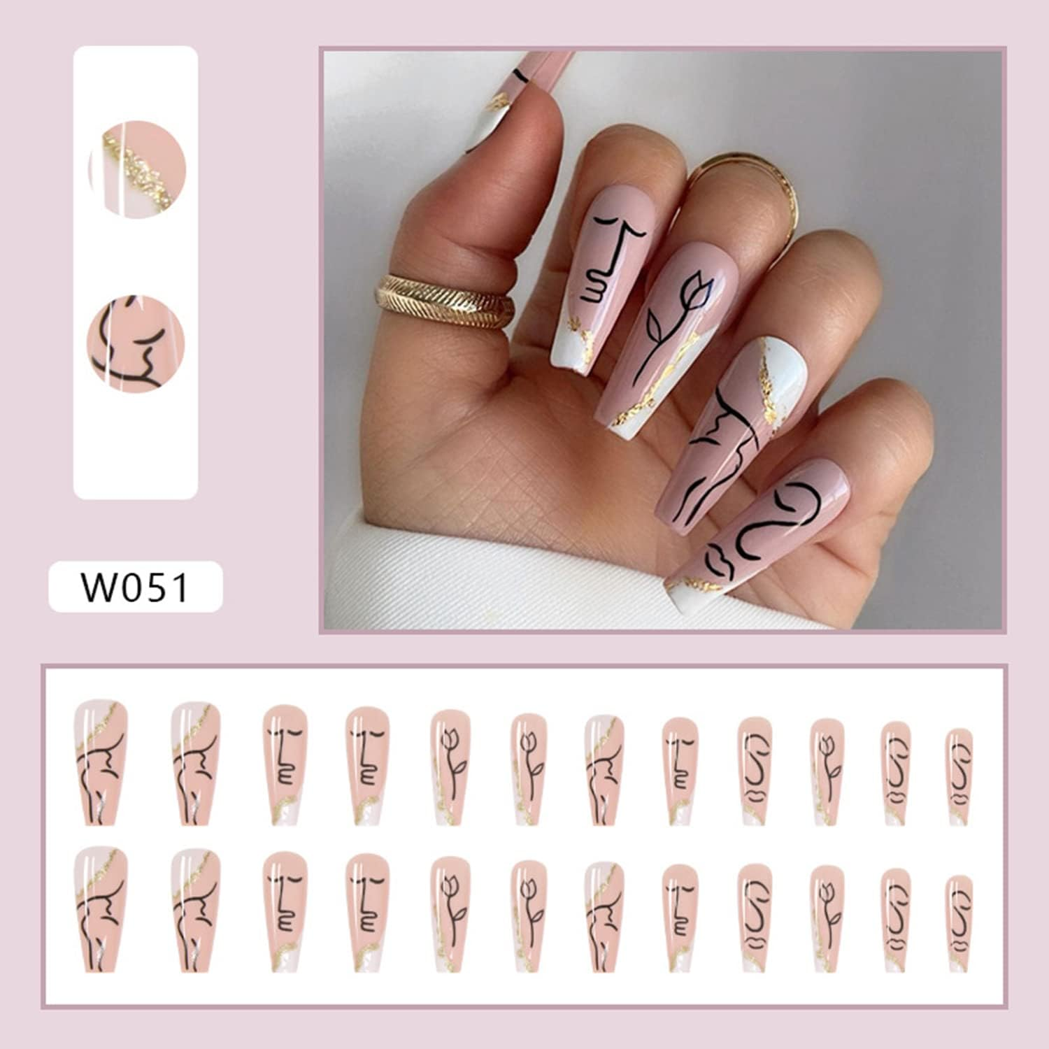 Medium Length Press on Nails, Artificial Acrylic Fake Nails for Women, 24PCS Full Cover Reusable False Nails Kits, Abstract Face Nails Design, Glue on Nails Fake Nails image number 4