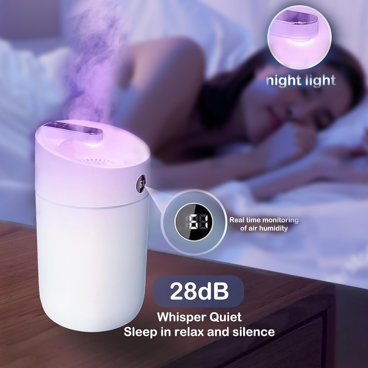 Humidifier for Bedroom Large Room, 3L Cool Mist Humidifiers Air Humidifier with Humidity Monitoring Top Fill, Quiet Operation, 7 Color Night Light Function, Auto Shut-Off, Double Nozzle, White image number 4