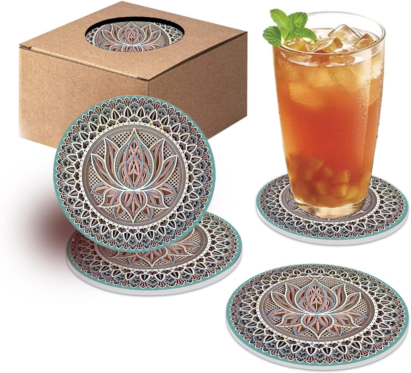 Mandala Coasters for Drinks,Doawbang Absorbent Ceramic Stone Coasters Set of 4 Cork Base Marble Art Cups Table Mats for Home Decor (Green) image number 2