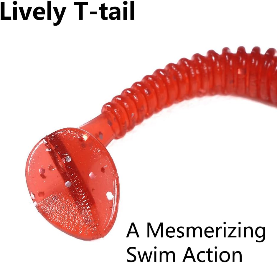 50Pcs Soft Plastic T-Tail Grub Worm Baits Fishing Lures Fish Tackle Gear Accessories Suitable for Catching Bass Trout Salmon - Gold image number 2