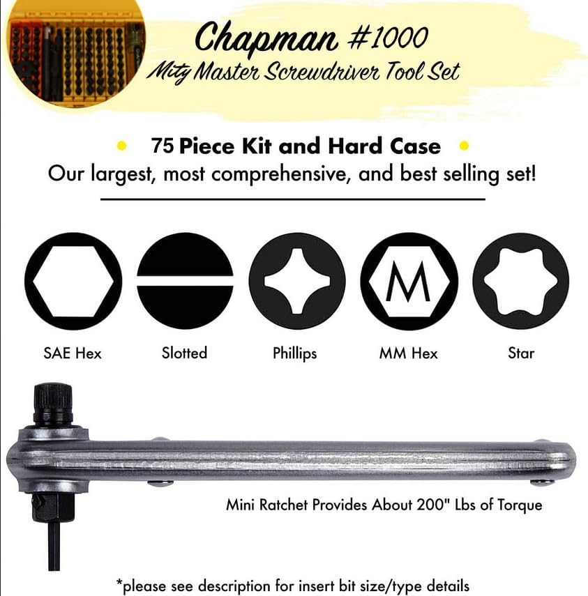 Chapman MFG 1000 Mity Master Set - Includes Phillips, Slotted, SAE & Metric MM Hex, Ball Allen Hex, JIS, Star (For Torx), Robertson Bits, Complete Set 68 USA Made Insert Bits, Mini Ratchet Hand Tool image number 1