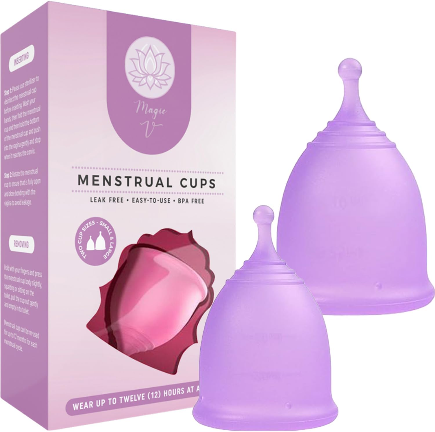 Magic V Steam V Menstrual Cups - Set of 2 Reusable Soft Silicone Period Cups 1 Large 1 Small - Light to Heavy Flow - Soft, Flexible & Hygenic image number 4