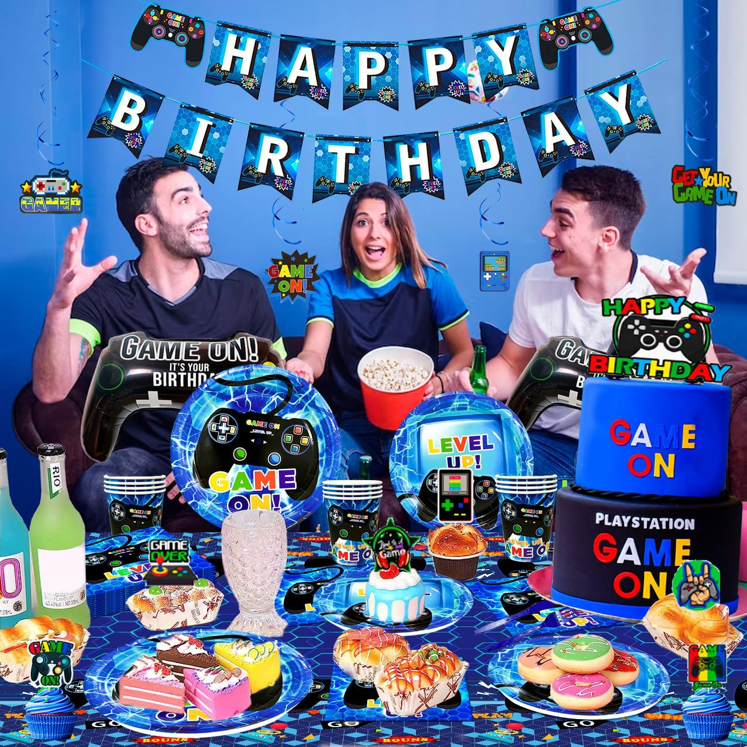 151Pcs Video Gamer Birthday Party Decorations & Video Game Party Tableware Supplies Set - Video Game Party Plates Cups Napkins Tablecloth Banner Balloons Etc Game Themed Party Decorations for Boys image number 5