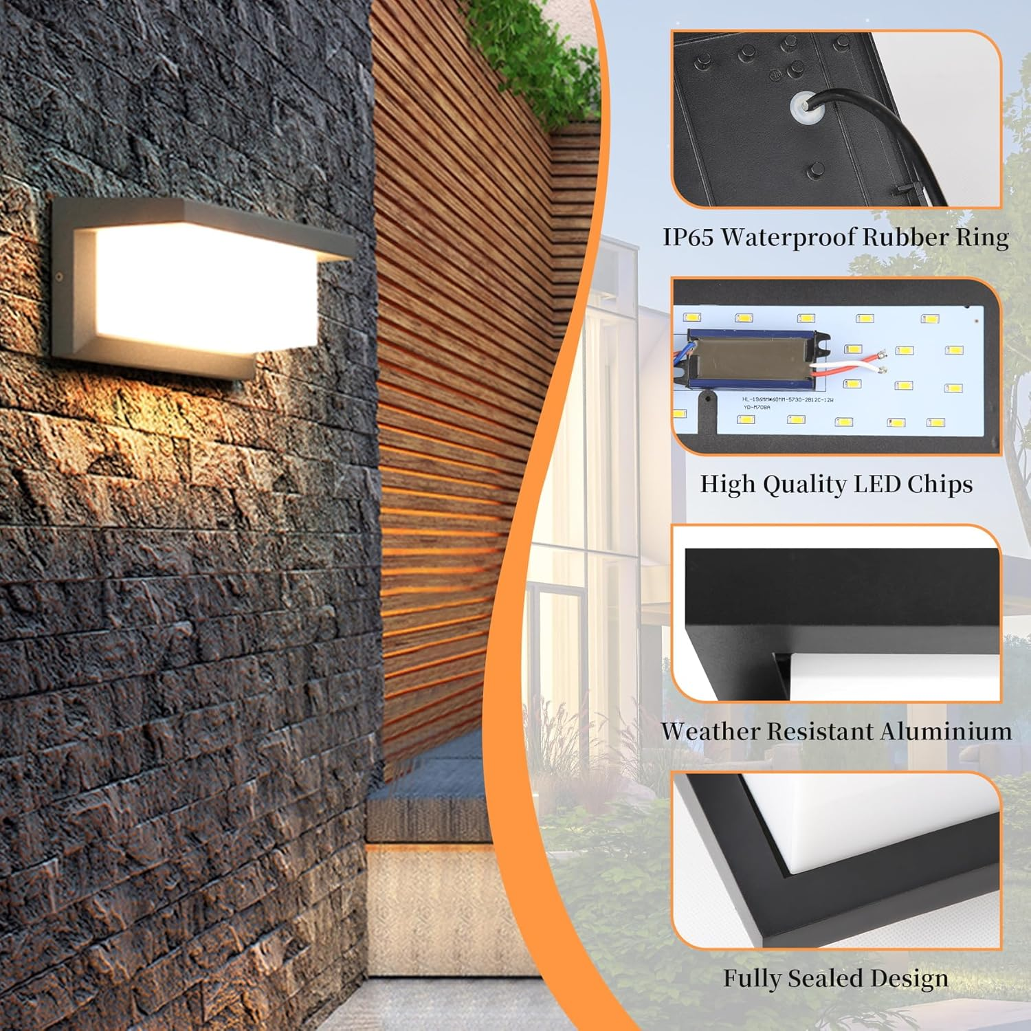 18 W Outdoor Wall Lamp 3000 K, IP66 Waterproof LED Rectangular Illumination for Balcony, Street, Garage, Patio, Corridor, Garden, 2 Pieces