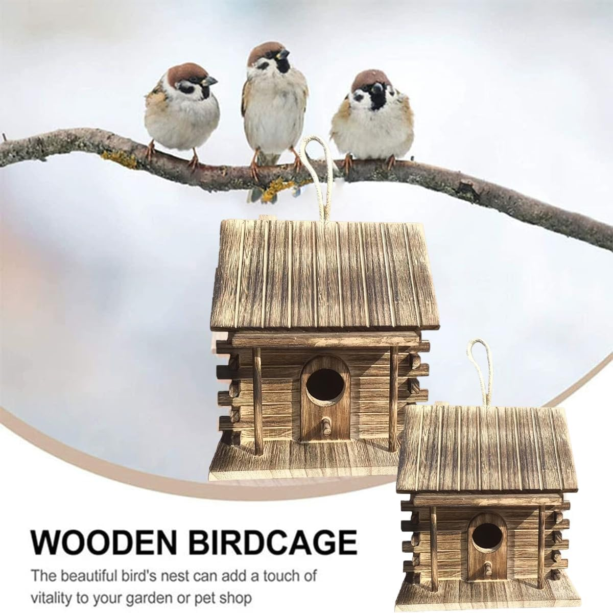 Jade Deals Wooden Bird House, 6.69&times;6.29&times;7.08In Outdoor Hanging Nest Box, Solid Natural Wood, for Parrots/Finches/Small Birds, Garden/Balcony Use image number 5