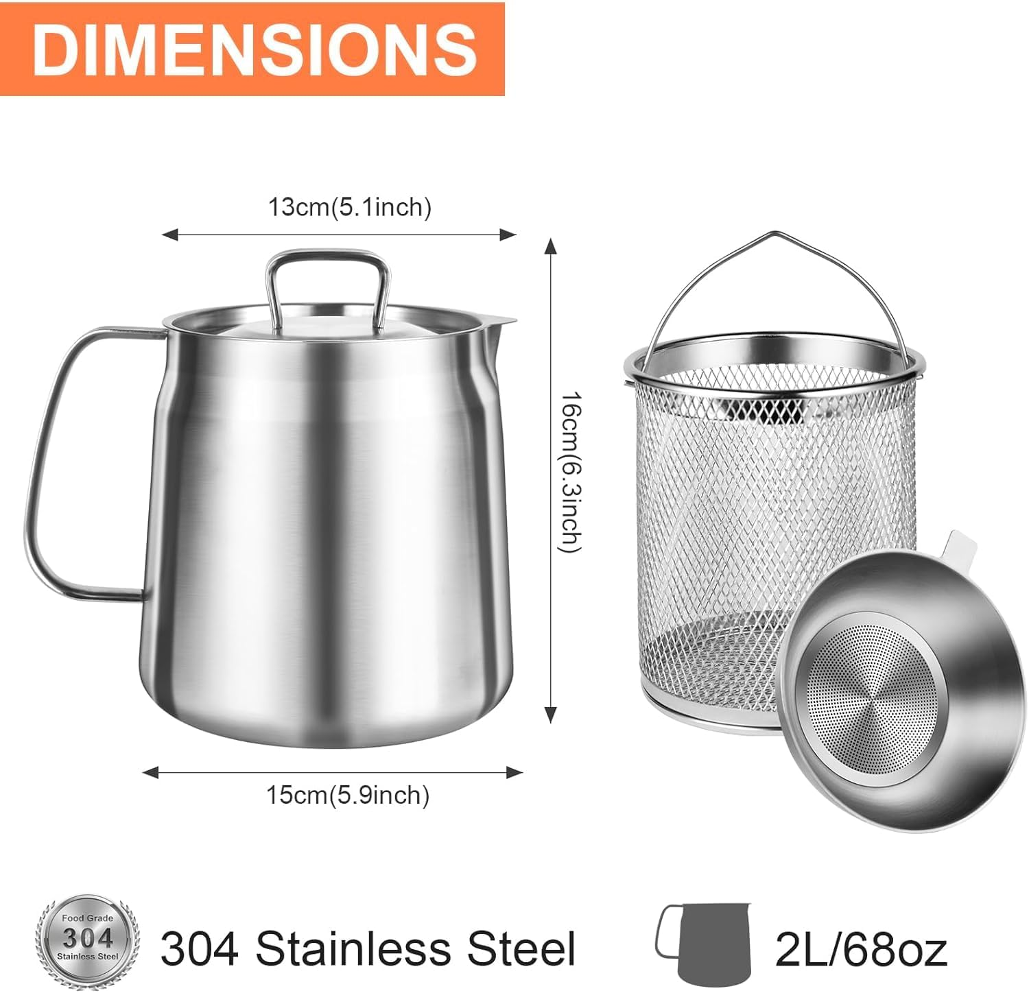 304 Stainless Steel Oil Filter Pot with Filter Basket and Mesh, 2.0L Large Capacity Versatile Oil Filter Vessel for Storing, Frying, and Cooking Grease image number 5