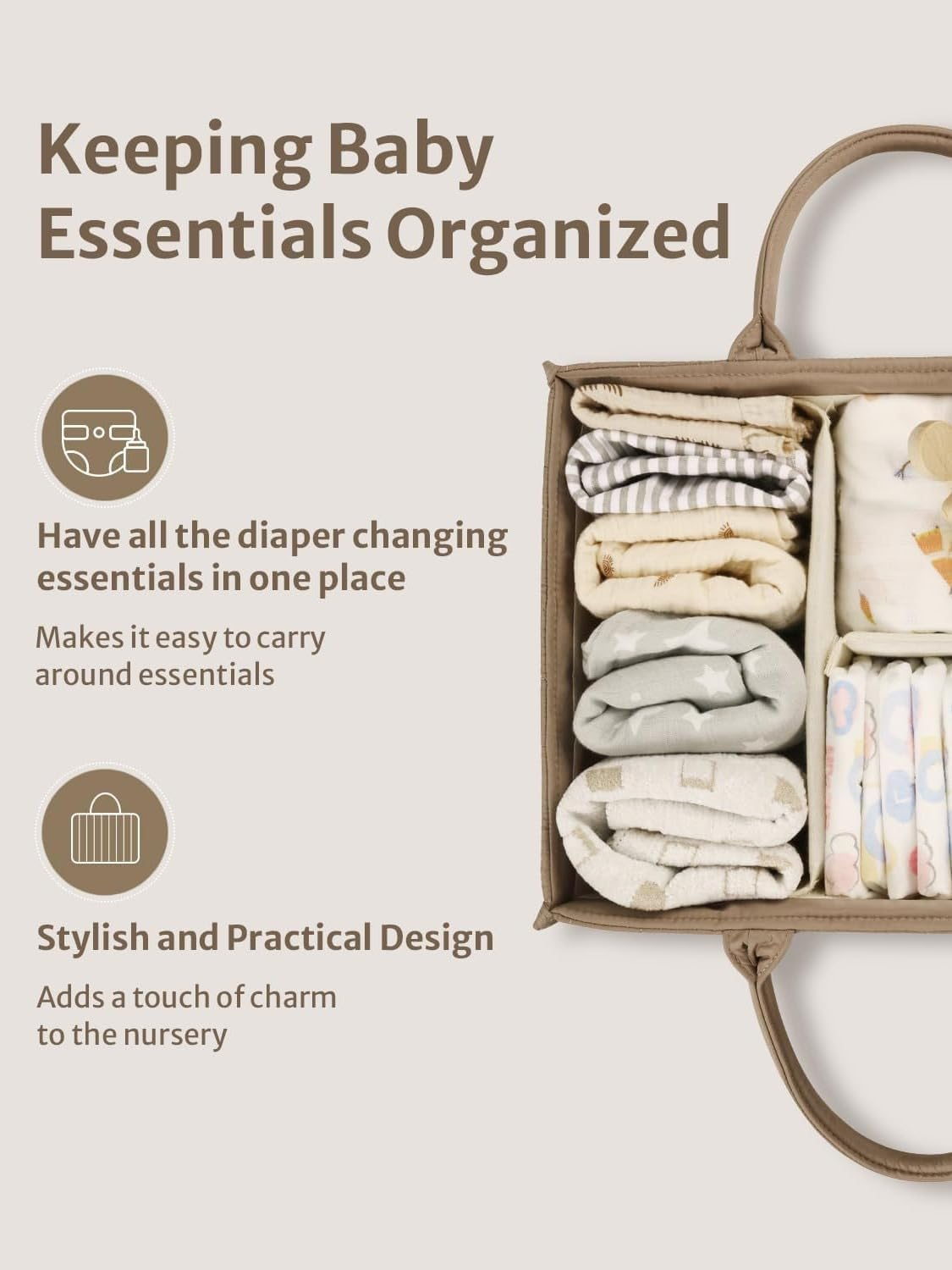 Diaper Caddy Organizer - Large Nappy Caddy Organizer for Baby Nursery, Car Storage Organizer, Baby Gift Basket, Changing Table Organizer, Portable Baby Caddy Organiser (Khaki, with Bib) - Khaki image number 6