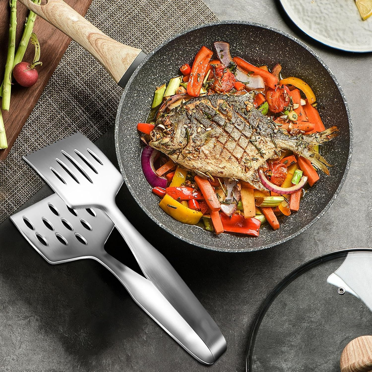 Stainless Steel Grill Tongs, Kitchen Cooking Tongs for Grill, Heat-Resistant Cooking Tools Kitchen Gadgets for Steak Fish Buffet Serving Outdoor Picnic Camping Party Backyard