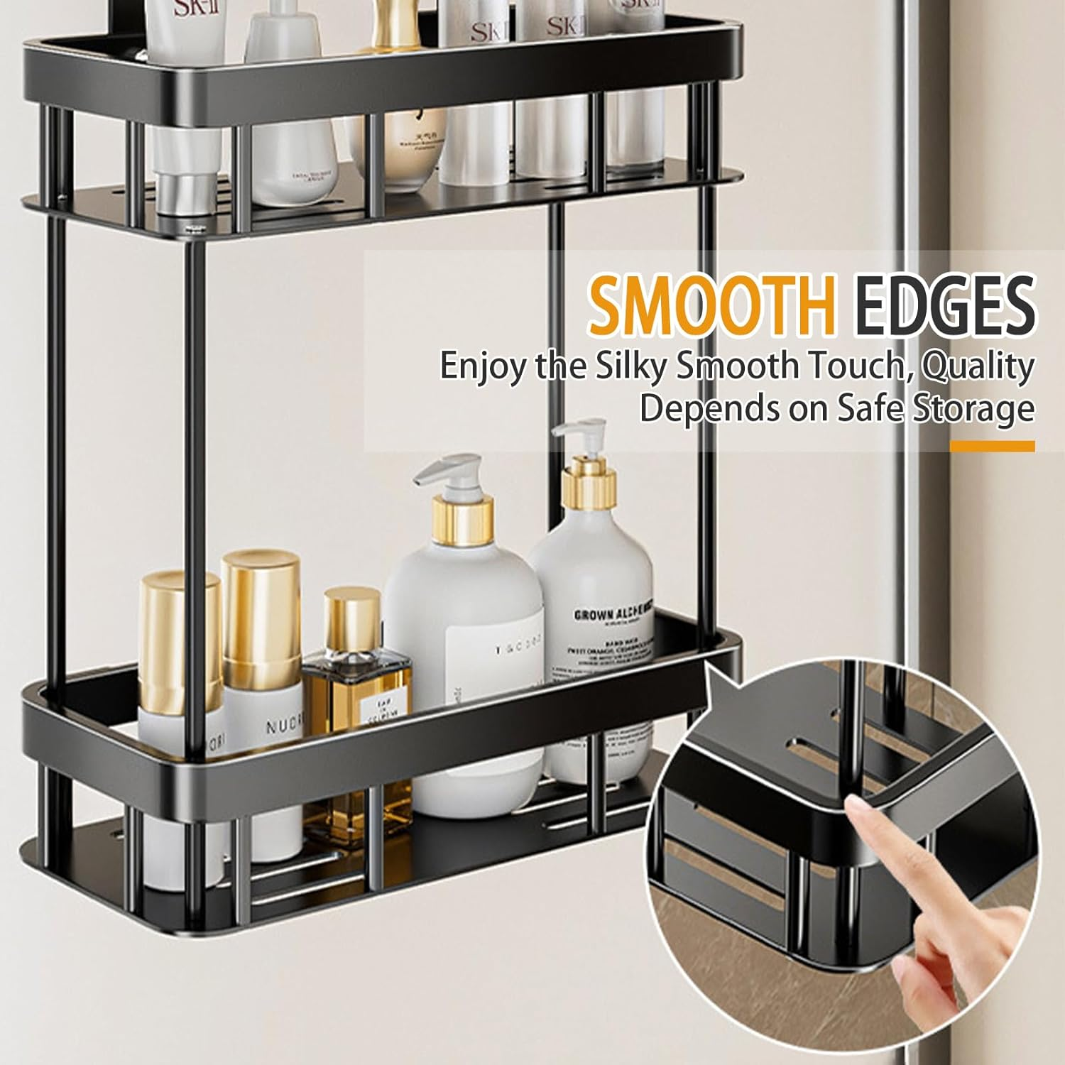 Over the Door Shower Caddy, 2 Tier Hanging Shower Caddy Shower Shelf, Metal Hanging Shower Organizer, Rustproof Bathroom Shower Storage Rack Basket, No Drilling, Black image number 6