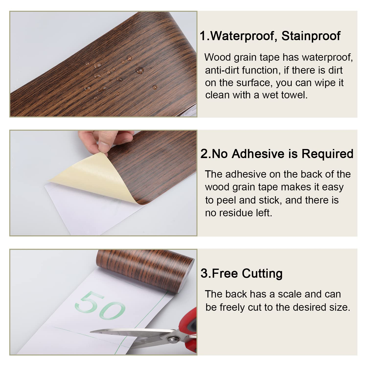 TECDW Wood Grain Tape (10Cm X10M), Self-Adhesive Wood Grain Repair Tape, Waterproof Wall Borders Peel and Stick, Baseboard Trim for Tables, Baseboards, Doors, Windows, Floors (10M, Brown Walnut)