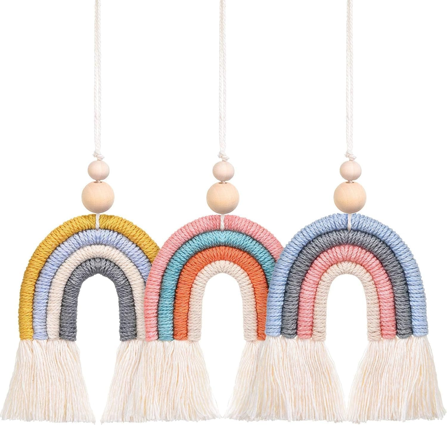 3 Pieces Boho Rainbow Car Charm Macrame Rainbow Car Diffuser Cute Car Air Fresheners Essential Oil Diffuser Handmade Hanging Car Accessories Decor for Car Interior (Bright Colors) image number 4