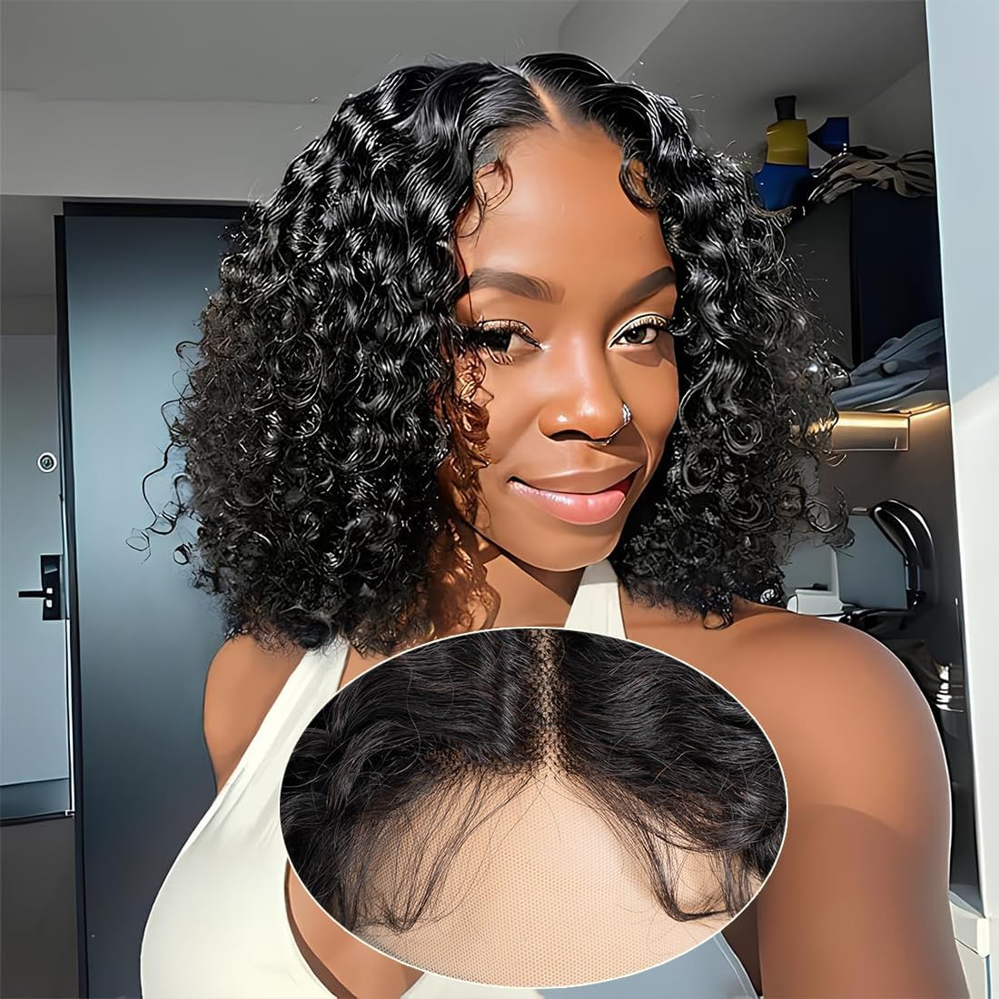 Short Kinky Curly Lace Front Wig, 8 Inch Bob Deep Curly, 13 X 4 X 1 HD Lace Front Wig for Women, Brazilian Virgin Human Hair Wigs with Fringe, Natural Looking image number 6