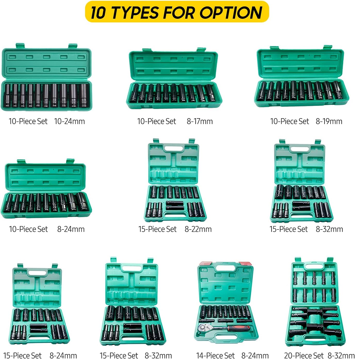 Yasao 1/2Inch Drive Hex Impact Socket Set 10-Piece Deep Socket Metric Sizes 8-19Mm Carbon Steel with Storage Box image number 4