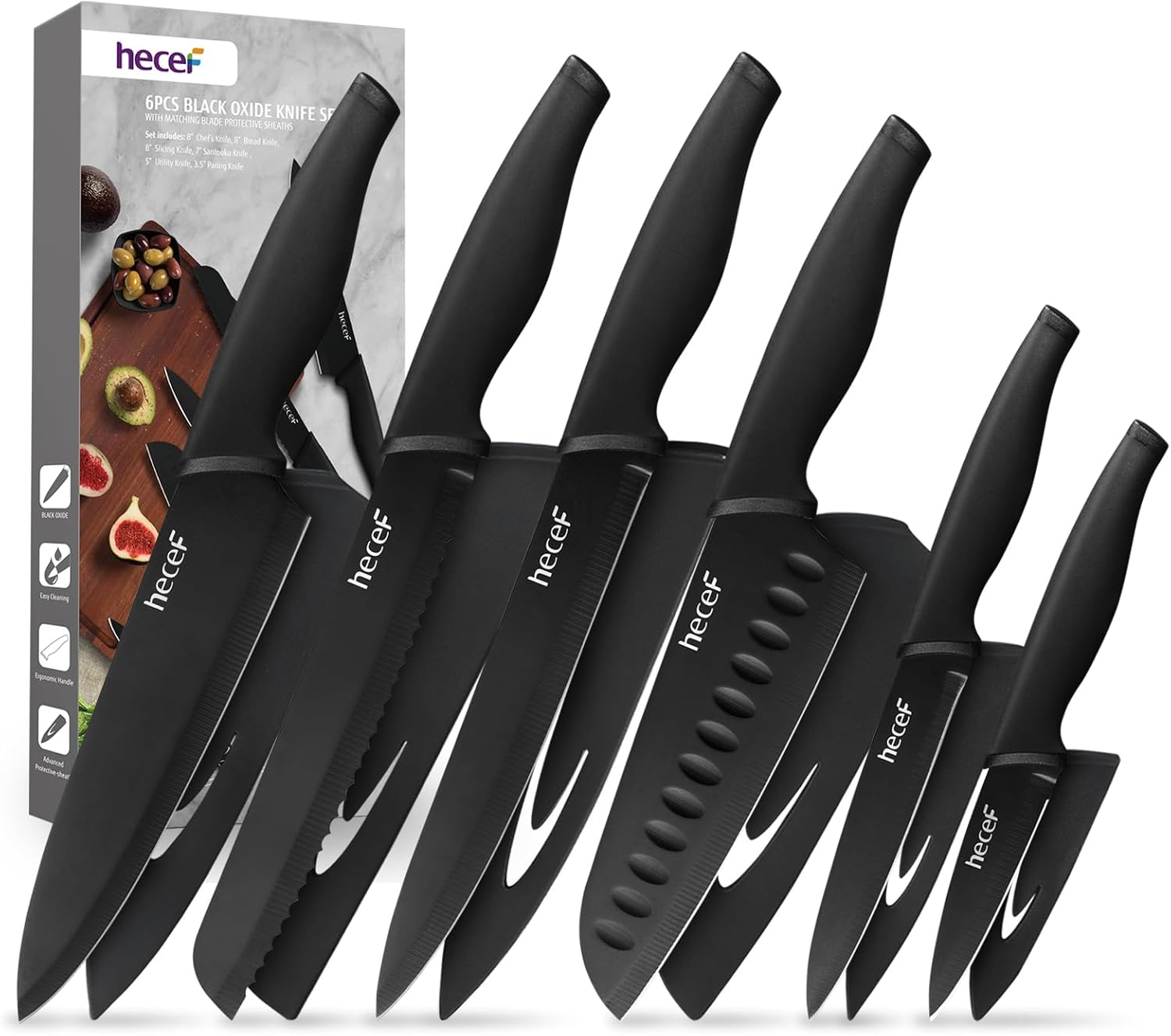 Hecef Black Oxide Knife Set of 6 with Matching Blade Protective Sheath, Black Kitchen Knife Set, Scratch Resistant & Rust Proof, Hard Stainless Steel, Non Stick Black Color Coating Blade Knives image number 3