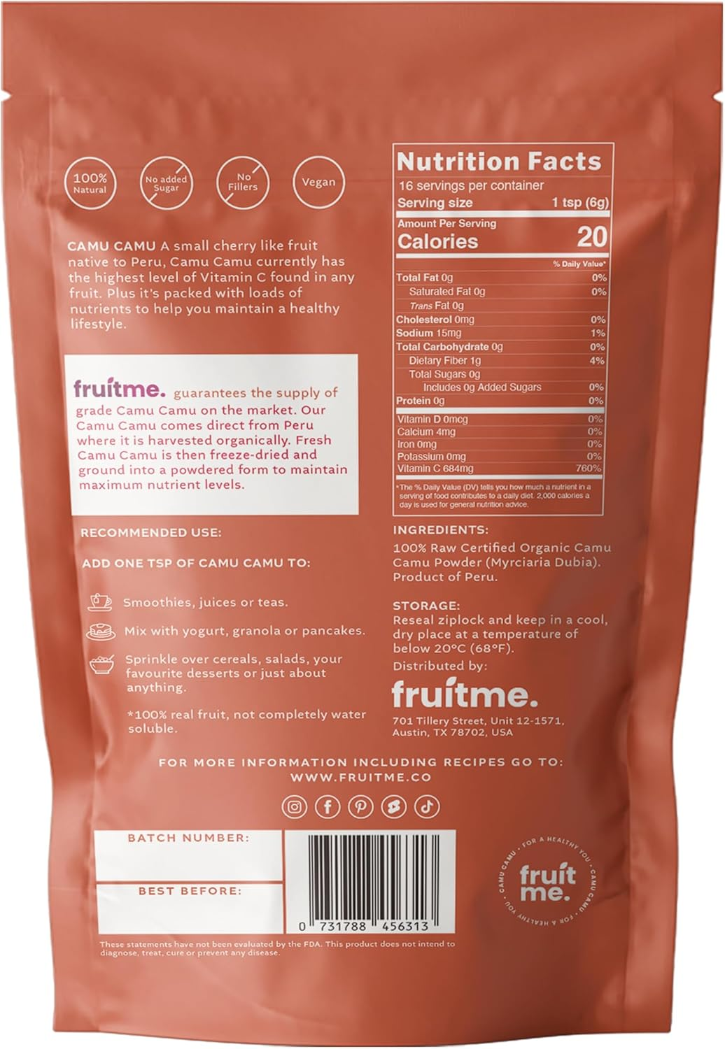 Raw Certified Organic Camu Camu Powder Freeze-Dried 100G - Vitamin C Rich Superfood - Highest Vitamin C Superfruit - a Natural Peruvian Berry by Fruitme image number 2