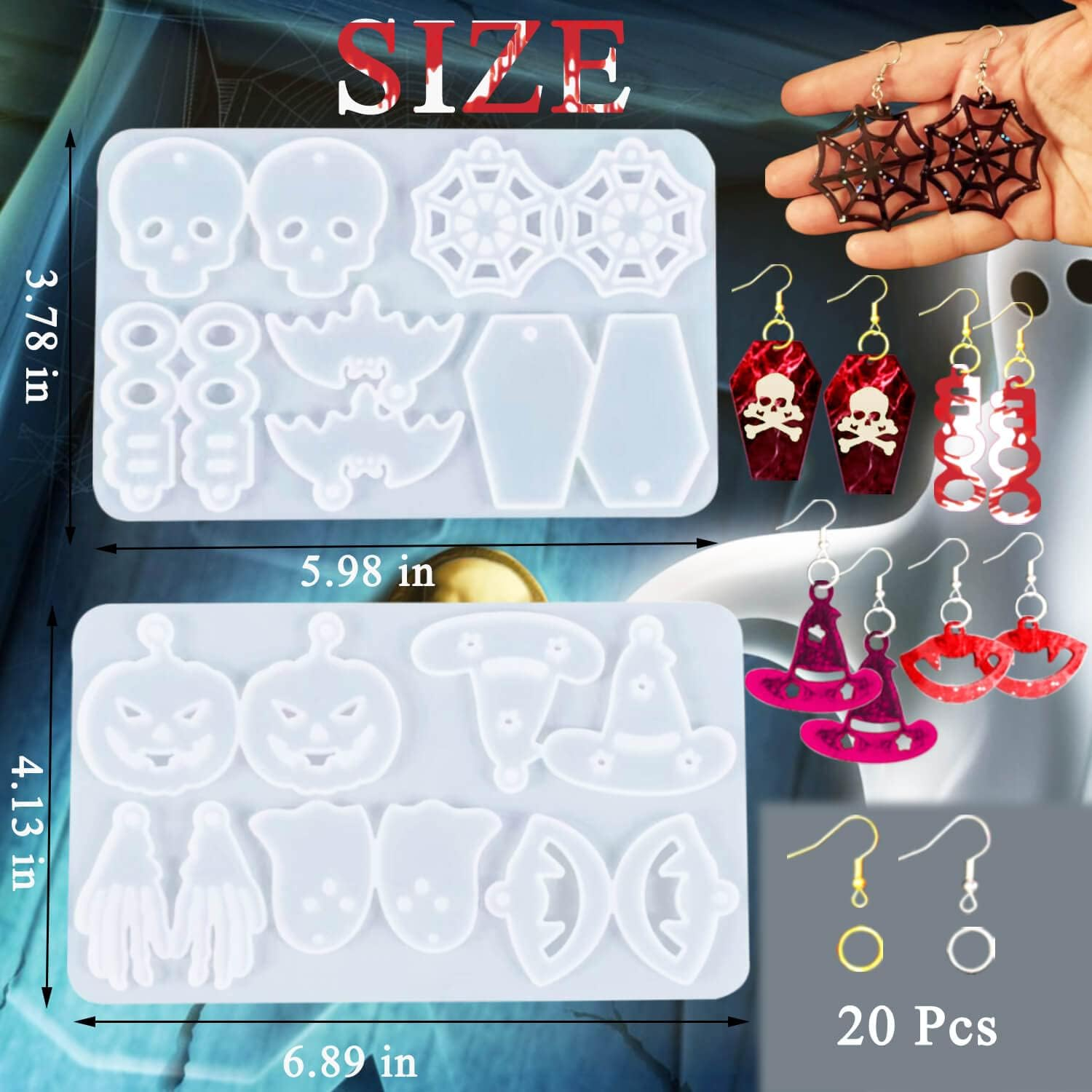 Rifanda 82 PCS Halloween Earring Pendant Resin Molds with Hole, 10 Pairs Halloween Silicone Molds with 40 Earring Hooks Skull Pumpkin Bat Spider Epoxy Resin Jewelry Keychains image number 4