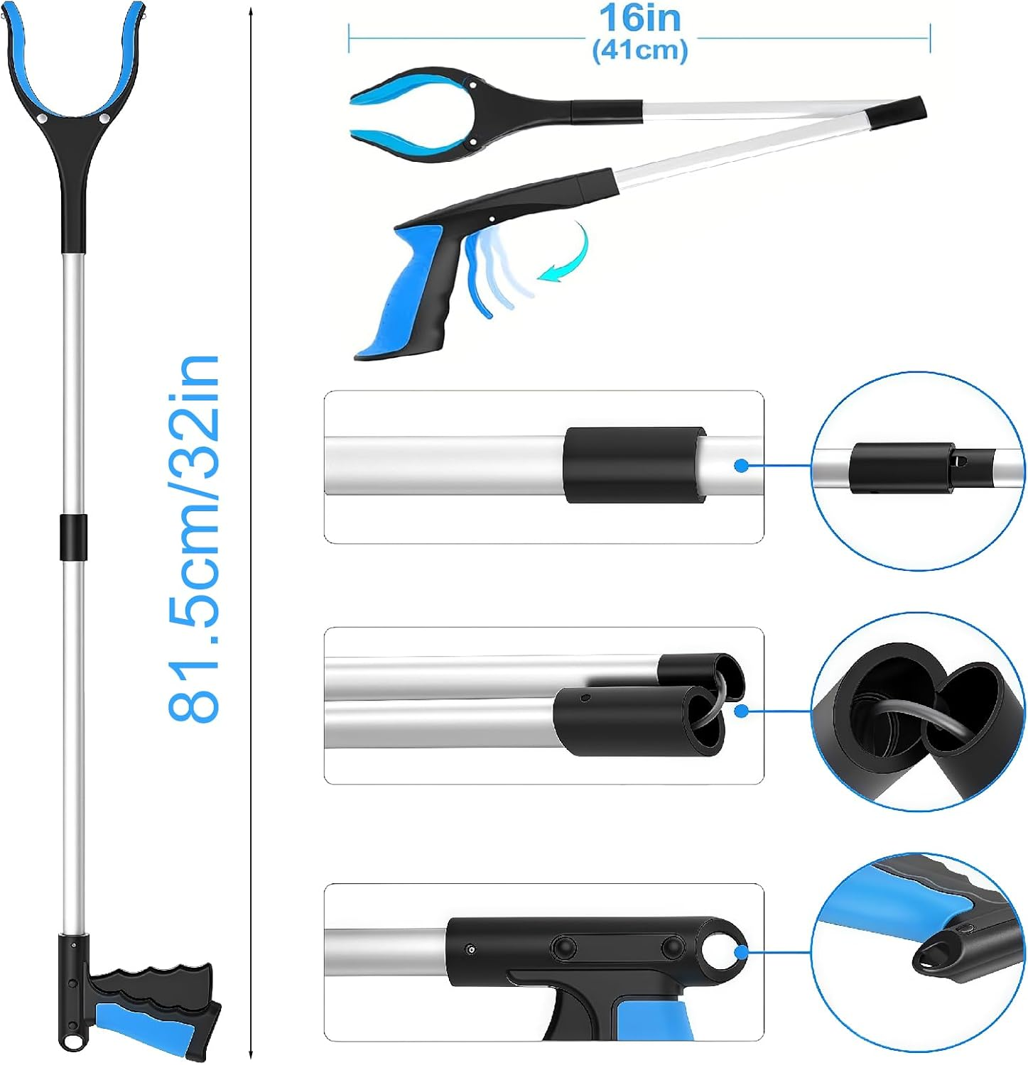 Reacher Grabber Tool，32" Foldable Trash Picker for Elderly Garb Reaching Tool ，Elderly Assist Arm Extension Too Foldable Reacher Grabber Pickup Tool with 360&deg; Rotating Jaw & Magnets(Blue)
