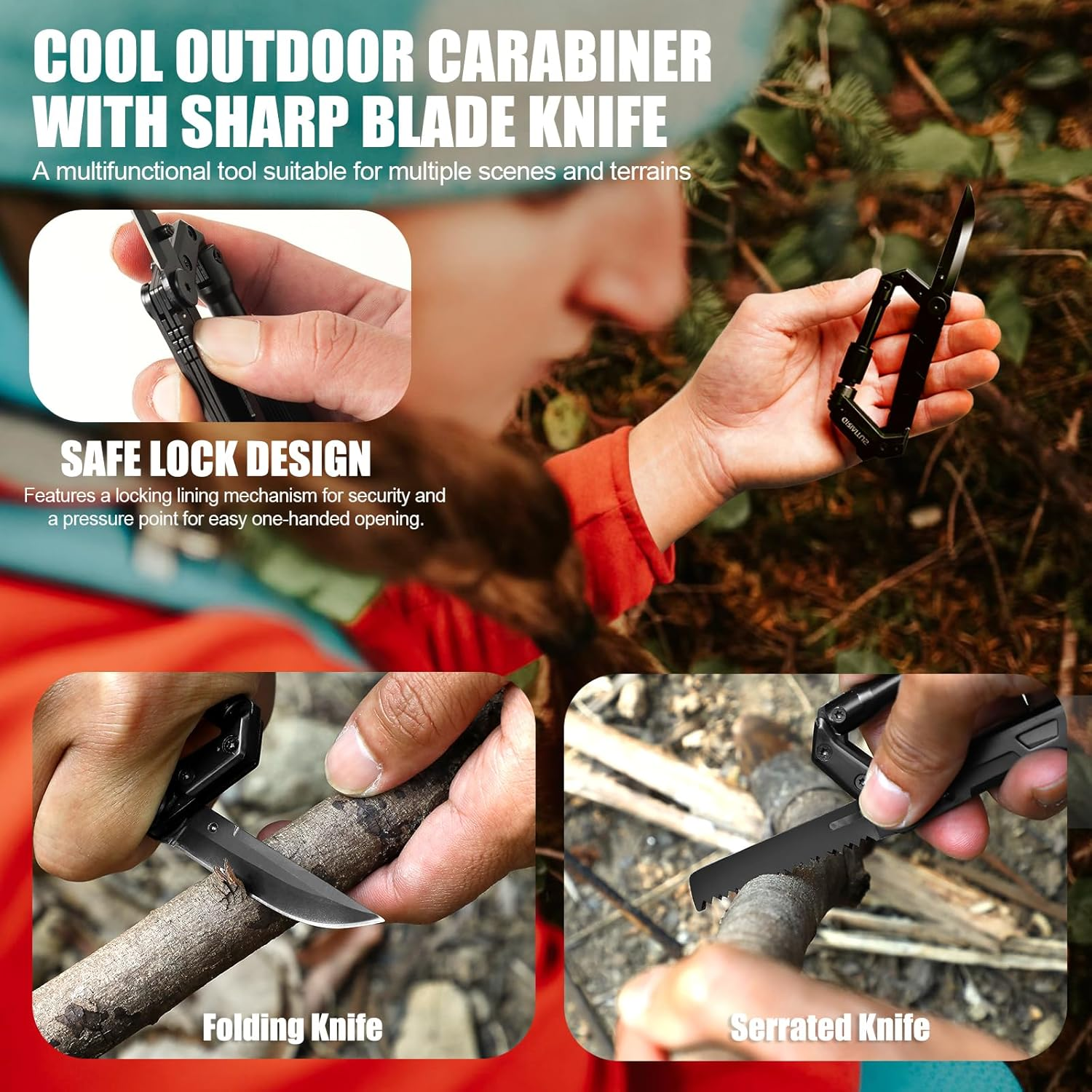 Carabiner Multitool 8-In-1 EDC Carabiners Pocket Knife, Serrated Knife, Rope Cutter, Screwdriver, Can Bottle Opener, Ruler, Survival Gear for Camping Climbing, Gifts for Men image number 6