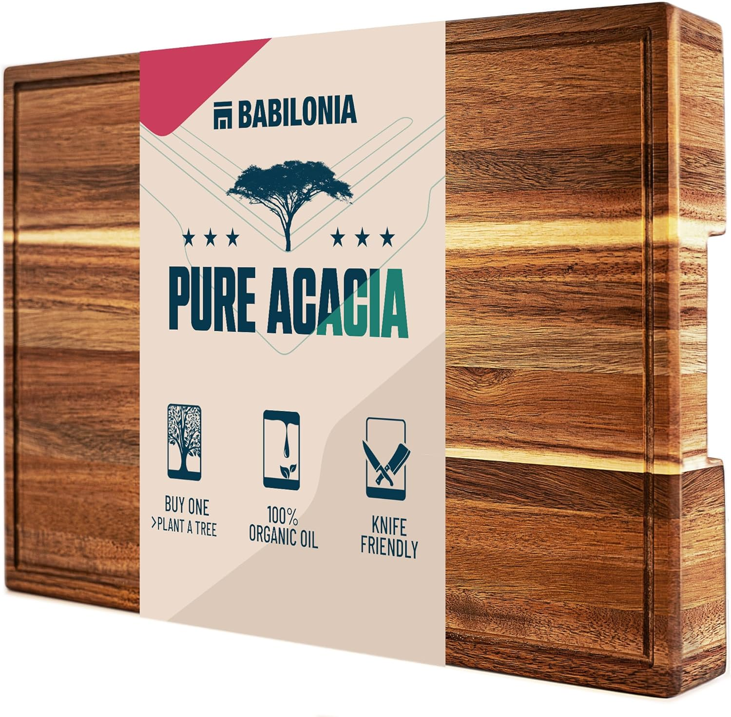 Acacia Wood Cutting Boards for Kitchen, Wooden Chopping Board for Meat, Cheese and Charcuterie Boards with Handles (Extrathick 1.6"). Premium Quality Butcher Block (Oil Bottle & Plate Included) image number 3