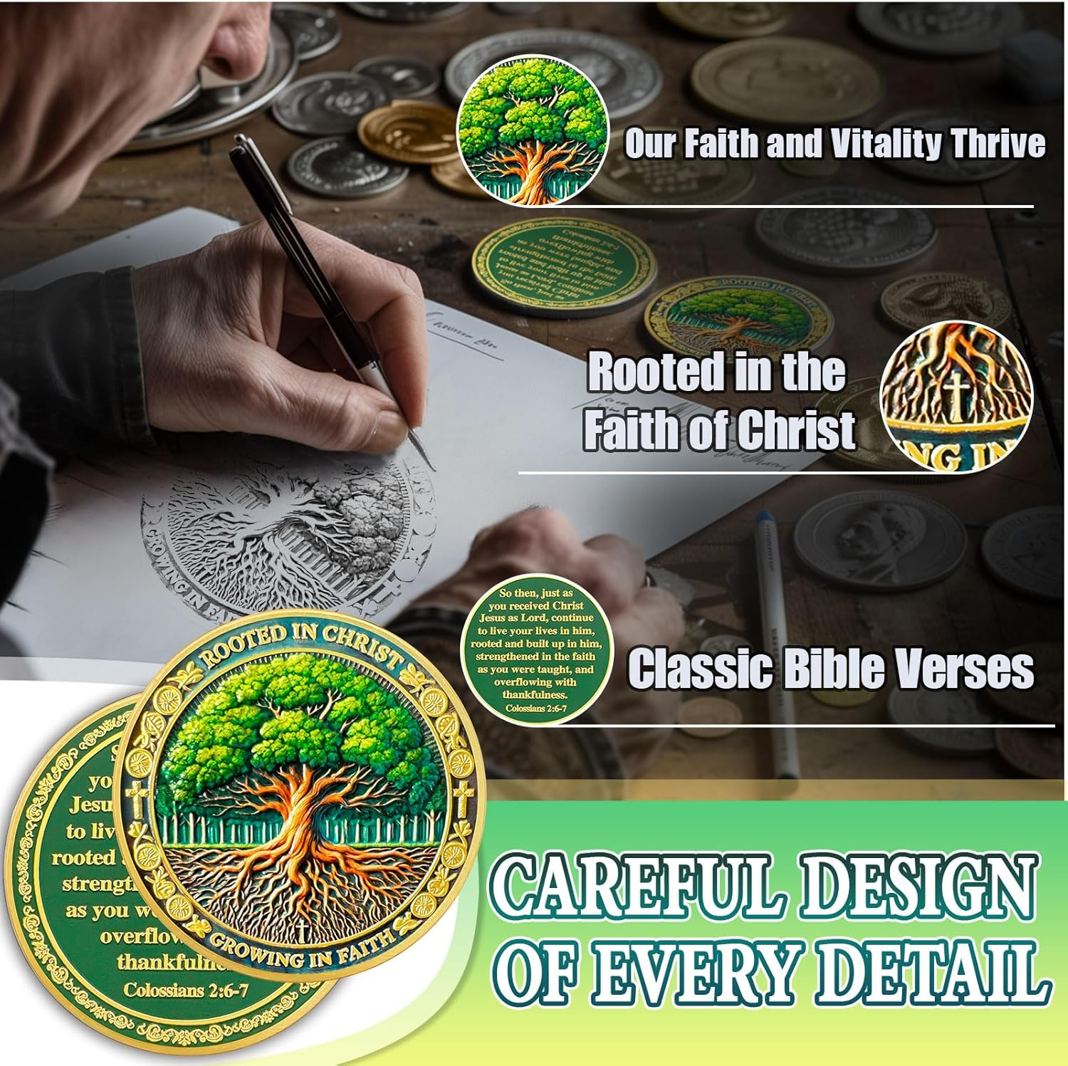 Growing in Faith Christian Challenge Coins Rooted in Christ Jesus Bible Coin Colossians 2:6-7 Jesus God Christian Prayer Token Art Pocket Bible Verses Jesus Religious Gifts for Men & Women image number 3