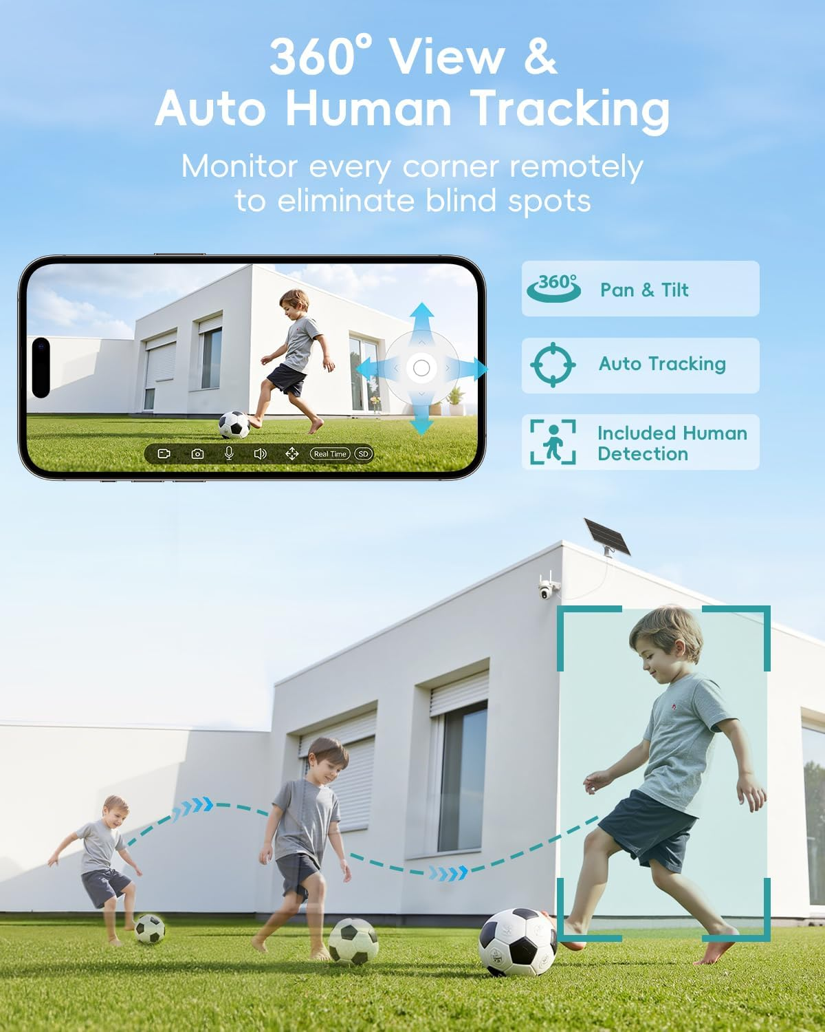 ZUMIMALL 9W Solar Security Cameras Wireless Outdoor, AOV 24/7 Recording Cameras for Home Security, 360&deg; View, 2K Color Night Vision, 2-Way Talk, 2.4Ghz Wifi, Auto Tracking, Cloud/Alexa image number 5