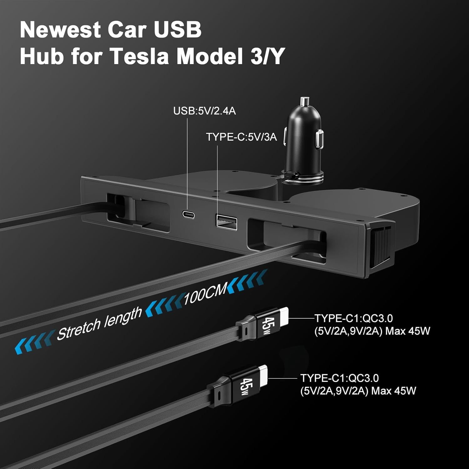 USB HUB for Tesla New Model Y Juniper & Model 3 Highland，Hidden Docking Station Design，Tesla Model 3 (2024 2025 2026)/New Model Y Juniper Accessories for Phone Charger 2 Type-C Fast Charging Cables image number 1