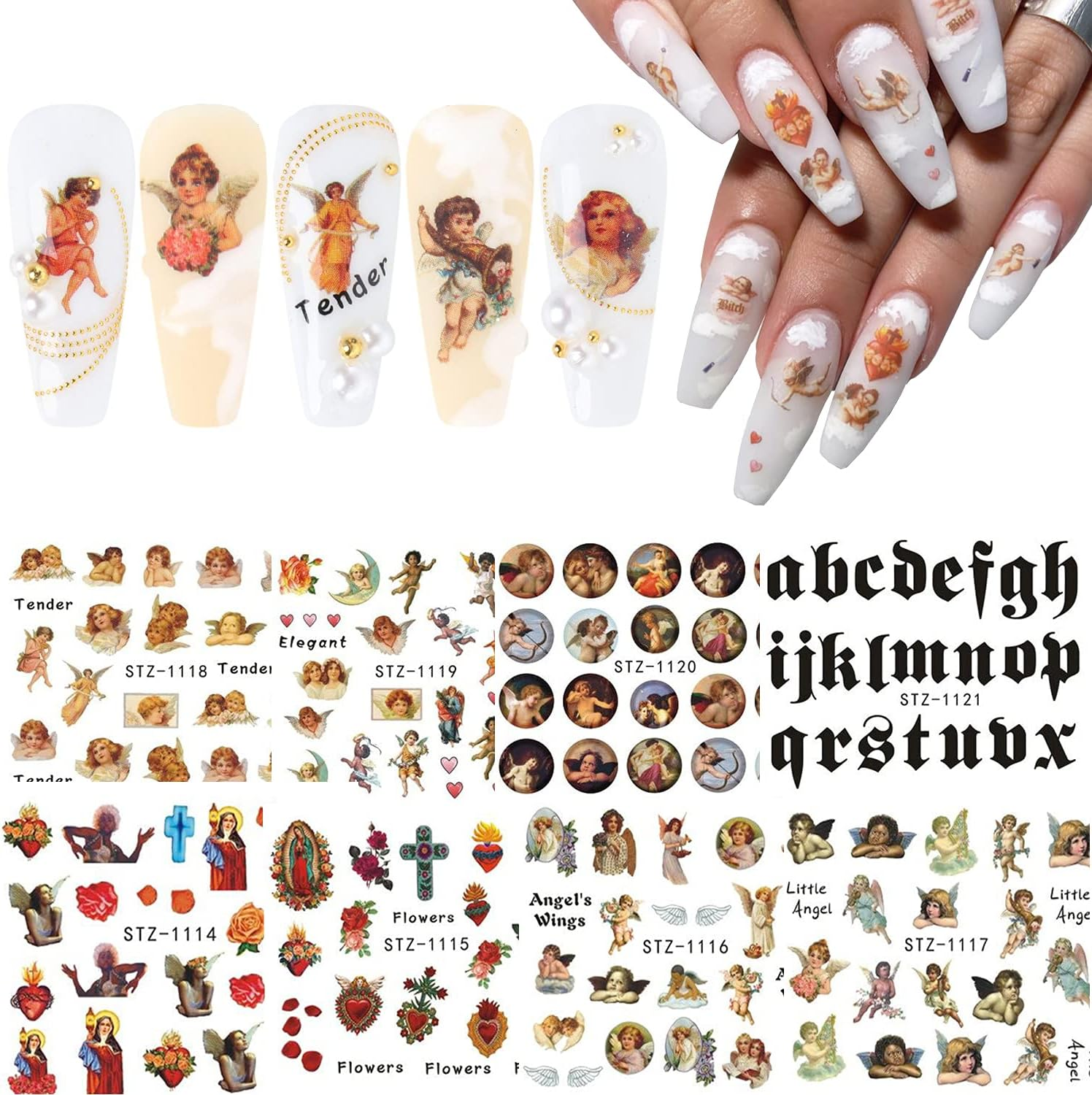 8 Sheets Angel Nail Art Stickers Cupid Nail Decals Water Transfer Design Angel Eros Designer Nail Stickers for Women Girls Cute Nail Decoration DIY Manicure Tips image number 1