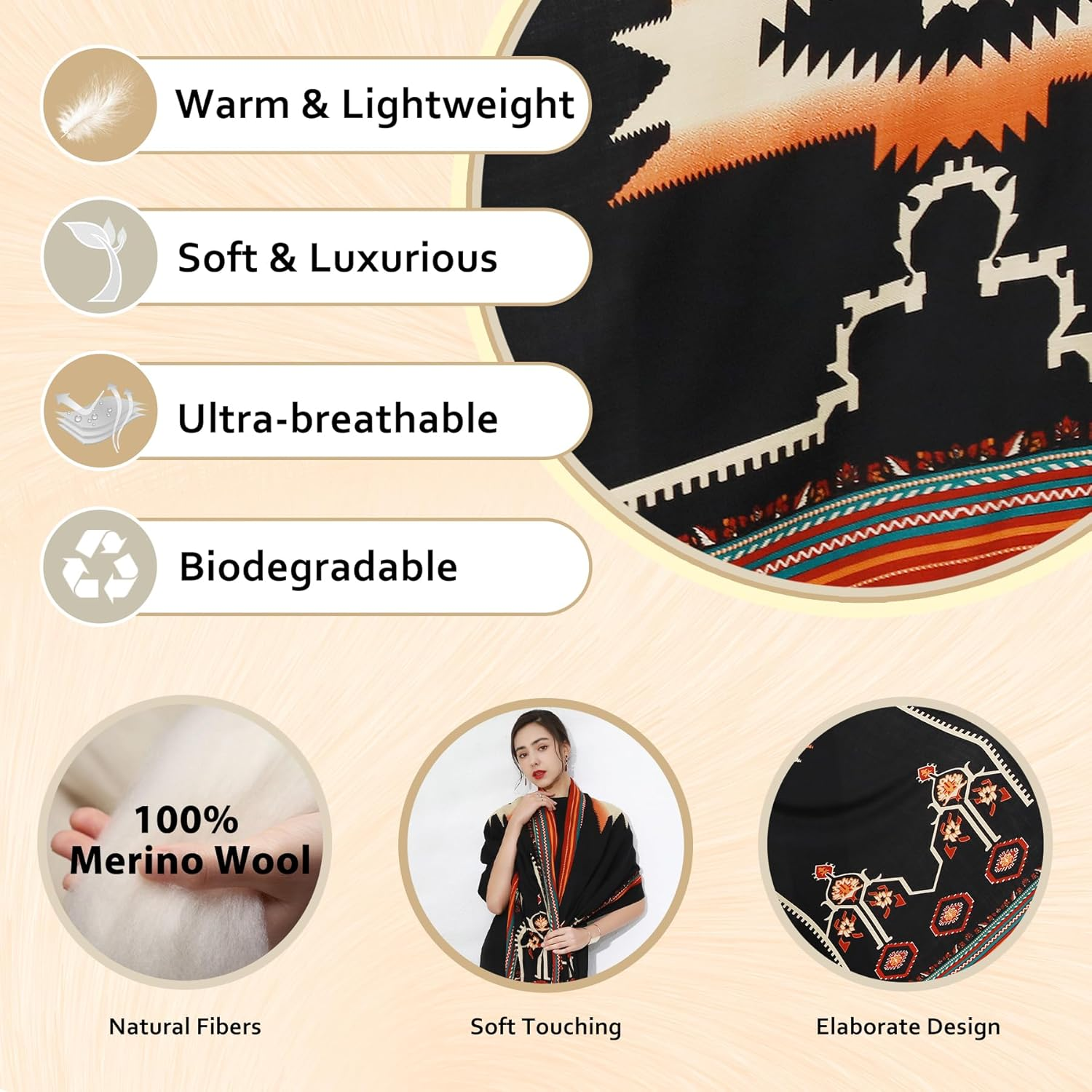 DANA XU Women'S 100% Merino Wool Extra Large Pashmina Shawl and Wraps Blanket Travel Scarf Cashmere Fall Winter Floral image number 2