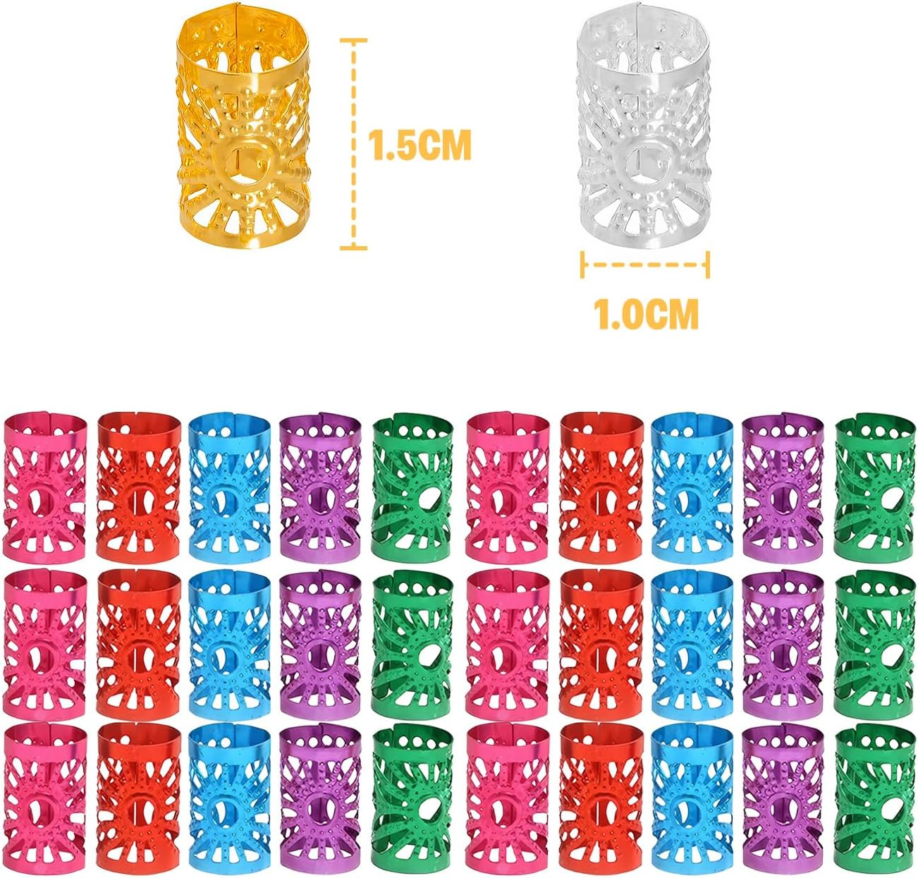 DHWEKU Pack of 50 Dreadlocks Jewellery, Adjustable Metal Cuffs, Hair Spiral Clips, Dreadlocks Beads, Braiding Hair Jewellery, Suitable for Men and Women, Coloured image number 6