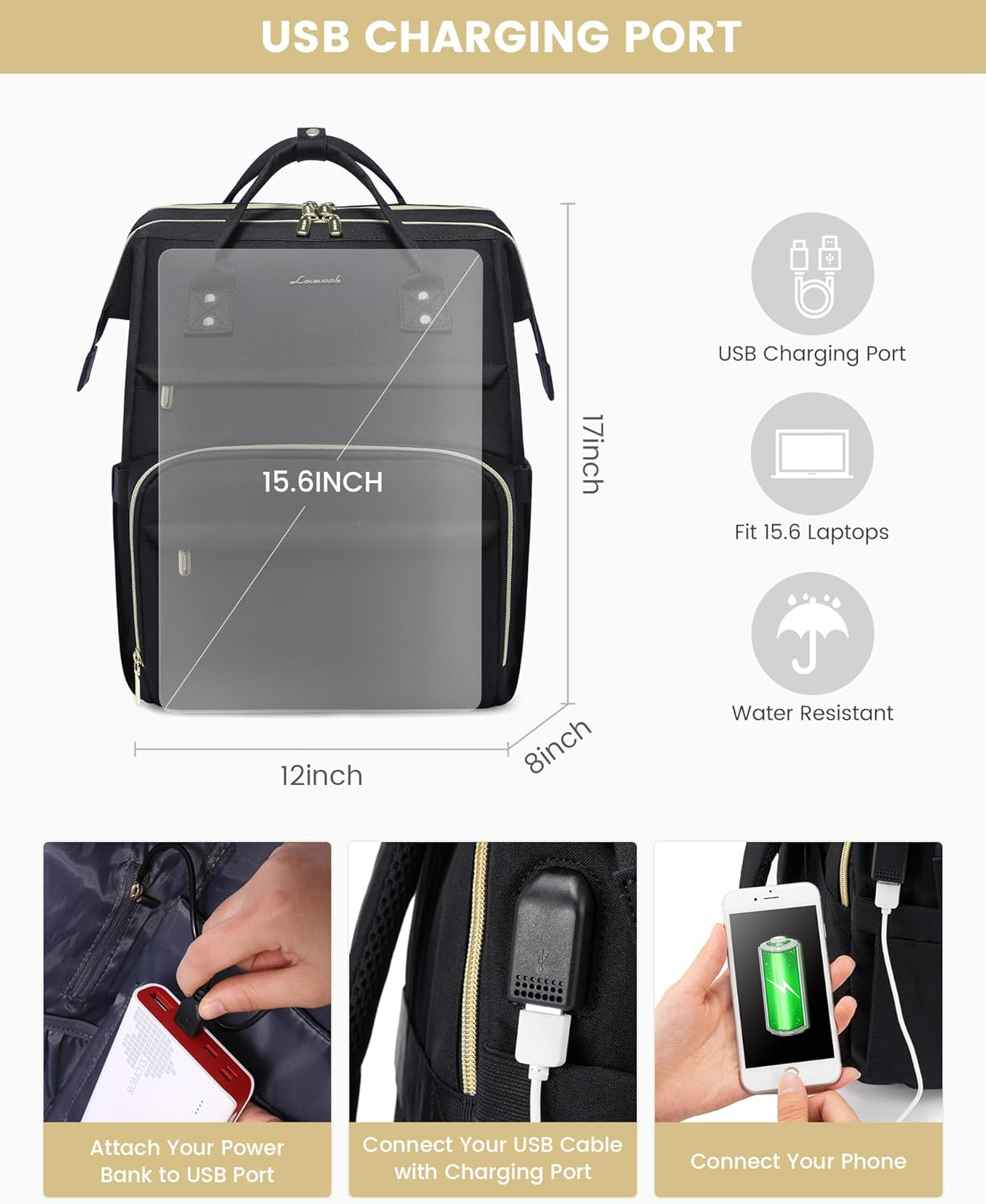 LOVEVOOK Laptop Backpack for Women, Travel with Compartment, Water Resistant Teacher Nurse Backpack, Anti-Theft Back Pack Charger Work Doctor, 15.6-Inch, Black image number 3