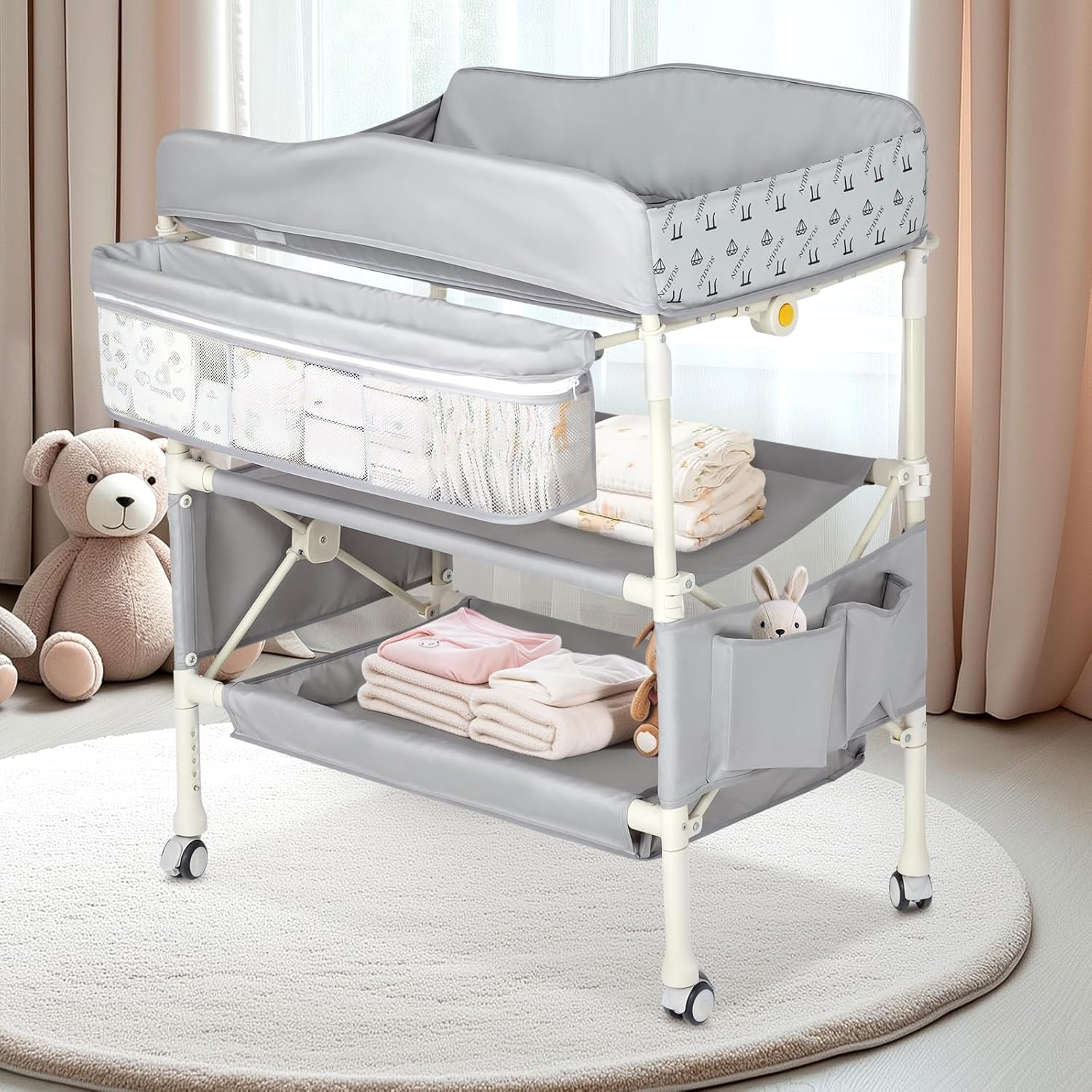 Advwin Portable Baby Changing Table with Adjustable Height, Foldable Waterproof Diaper Changing Station with Storage Shelf, Toddler Change Table Nursery Organizer for Newborn & Infant image number 2