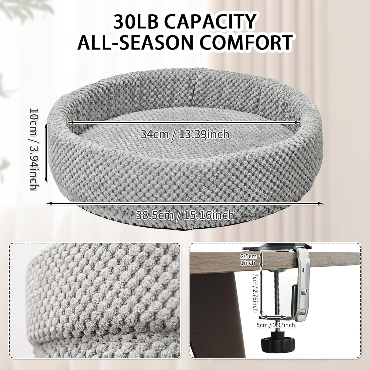 Cat Desk Bed - 360&deg; Rotating & Adjustable, Cat Hammock for Home Office，Comfortable Soft Pet Nest Bed, Modern Unique Kitten Furniture Attachment，Bracket Pet Furniture Light Gray White Stand image number 3