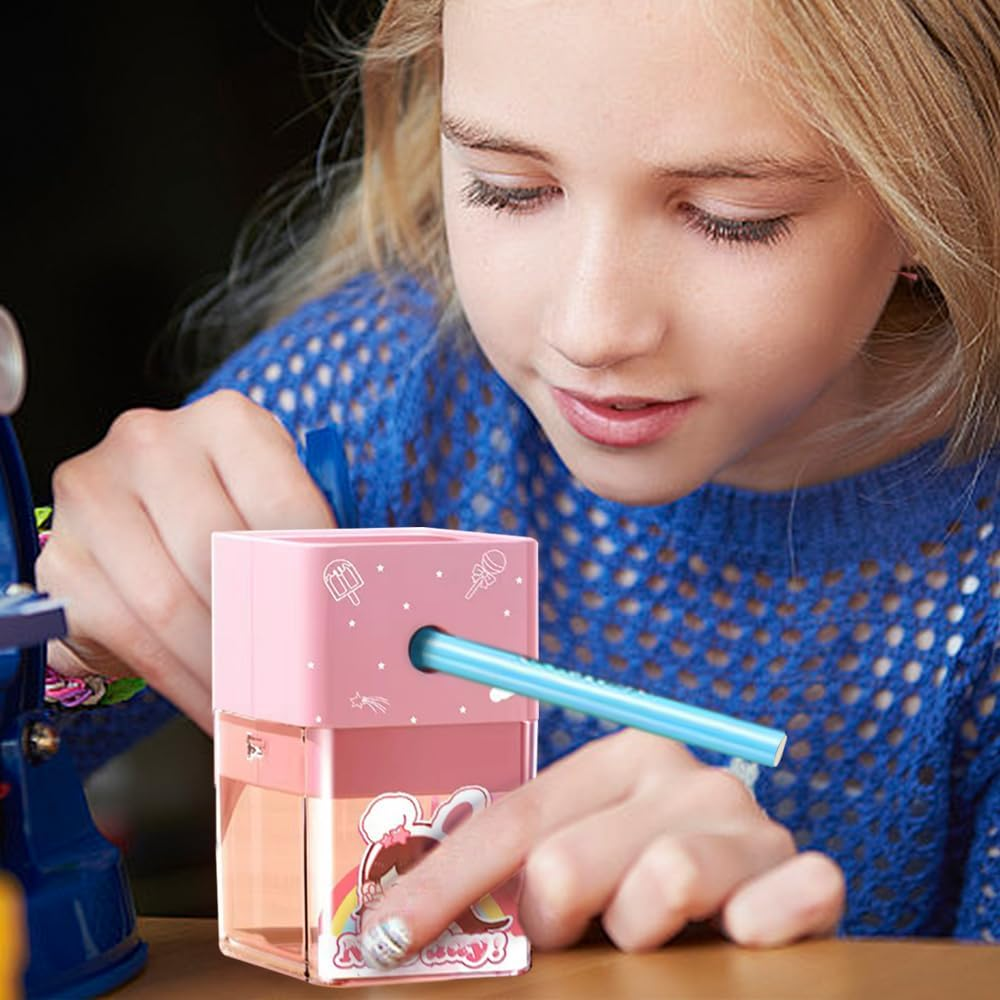 Table Pencil Sharpener,Manual Pencil Sharpener,Can save Time for Adults and Children and Keep the Table Clean (Pink-Girl)