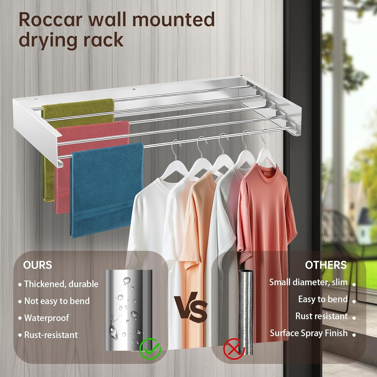 Laundry Drying Rack Collapsible, Wall Mounted, Clothes Drying Rack, 31.5" Wide, 13.1 Linear Ft, 5 Aluminum Rods, 45 Lb Capacity, with Wall Template, Screwdriver Bit(White) image number 4