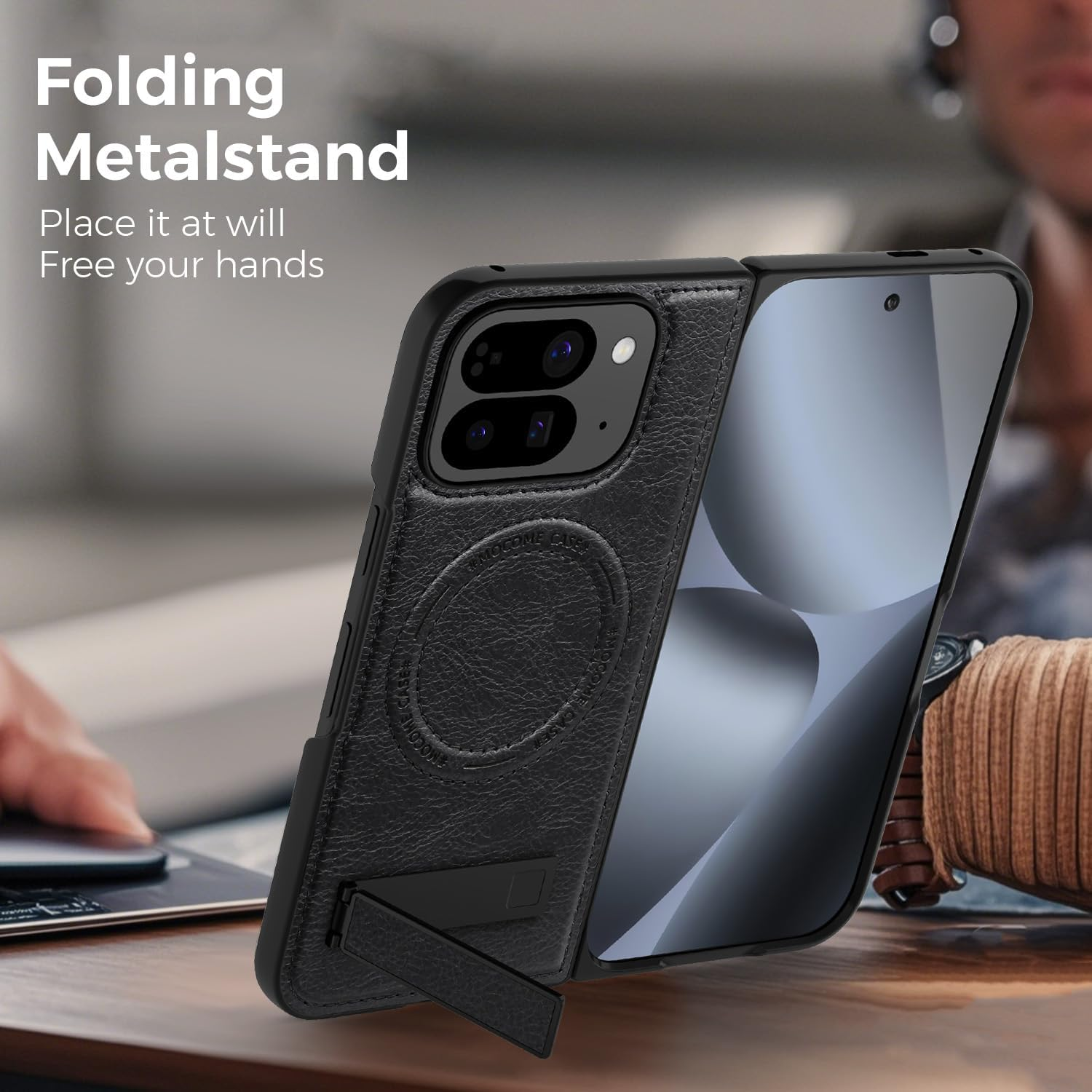 QYFCOU Magnetic Case for Google Pixel 10 Pro Fold - PU Leather Protective Cover with Stand, Compatible with Magsafe, Ultra-Thin Military Grade Shockproof and Scratch-Resistant (Black) - Green image number 5