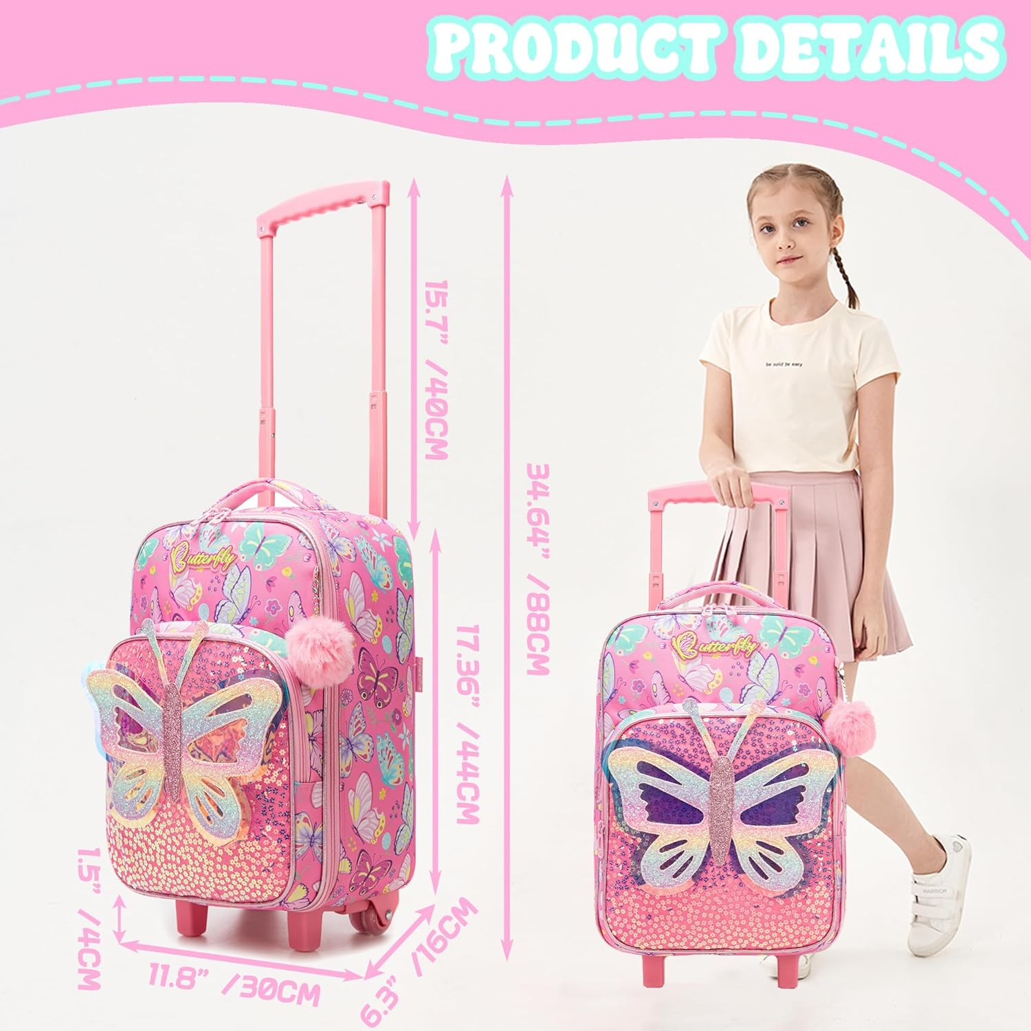 Homskiii Kids Pink Butterfly Luggage with Wheels Suitcases Travel Softside Suitcases 16" Carry on Suitcase with Duffle Bag Luggage Sets Airline Approved