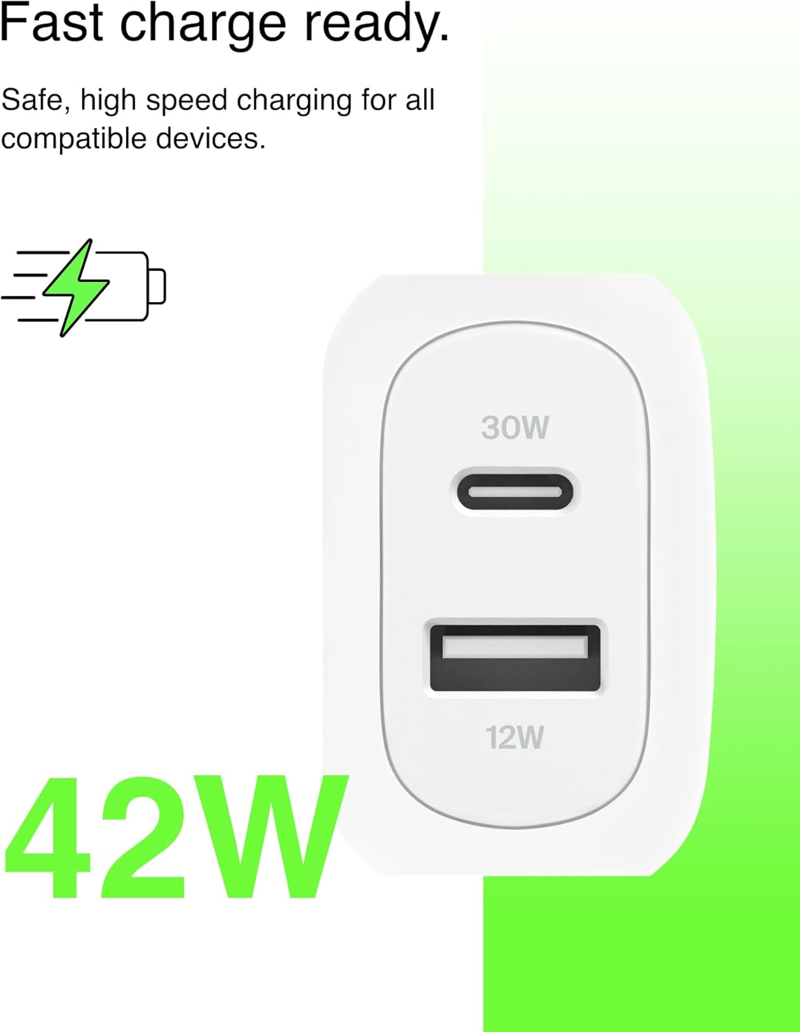 Belkin Boostcharge 42W Dual Port Wall Charger, USB-C, USB-A Charger Fast Charging for Iphone 16/15/14/13 Series, Galaxy S23 Ultra, Ipad, Airpods & More - White image number 5