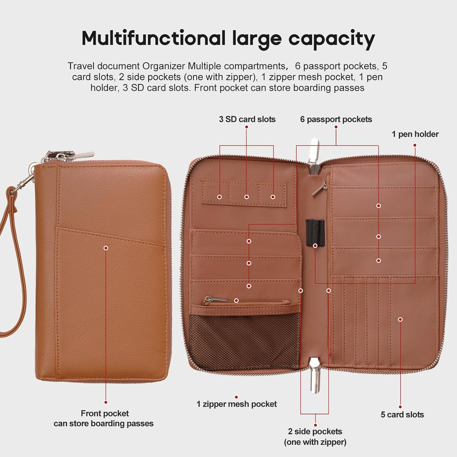 RFID Blocking Family Passport Holder Wallet 6,Premium Leather Travel Document Organizer for Women and Men,Travel Wallet for Credit Card(Brown) - Brown image number 2