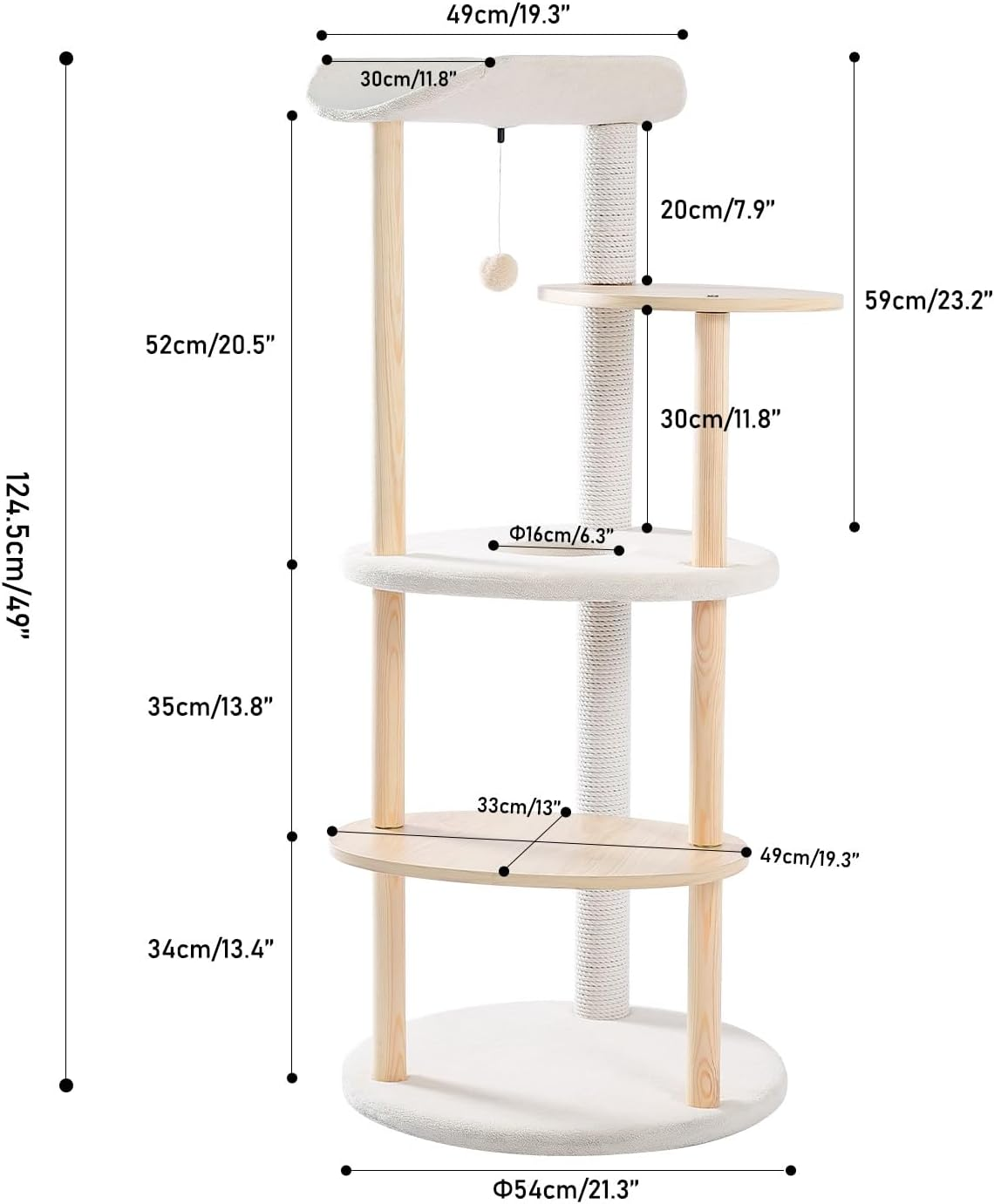 PAWZ Road Wooden Cat Tree for Indoor Large Cats, 124.5Cm Modern Cat Tower with 4 Cotton Rope Covered Scratching Posts, 6 Wood Posts, Super Large Platform and Pompom image number 6