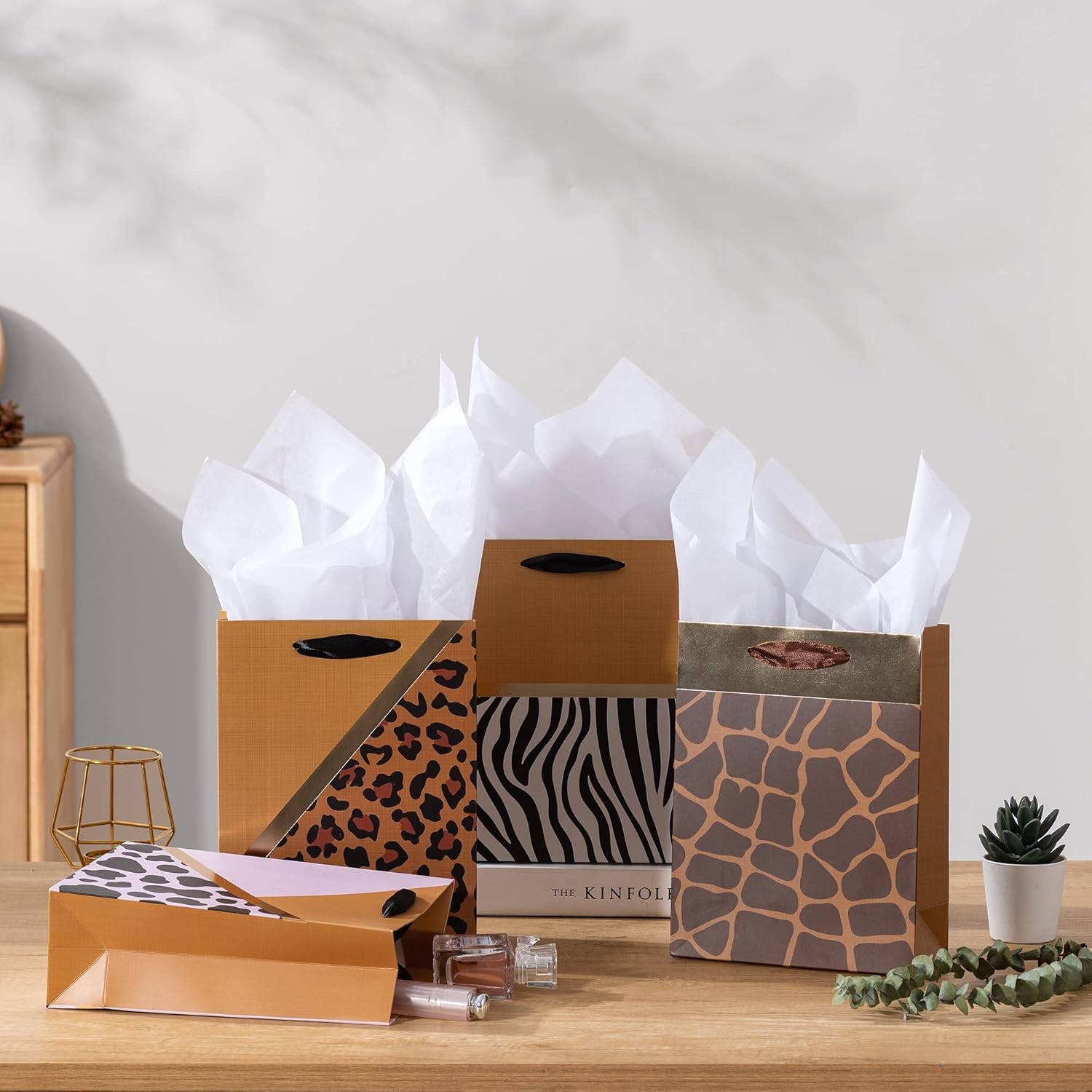 4 Pack Gold Gift Bags with Tissue Paper, 7X3X9 Inch, Perfect for Birthdays, Showers, Fathers' Day, Christmas, Weddings and Parties image number 2