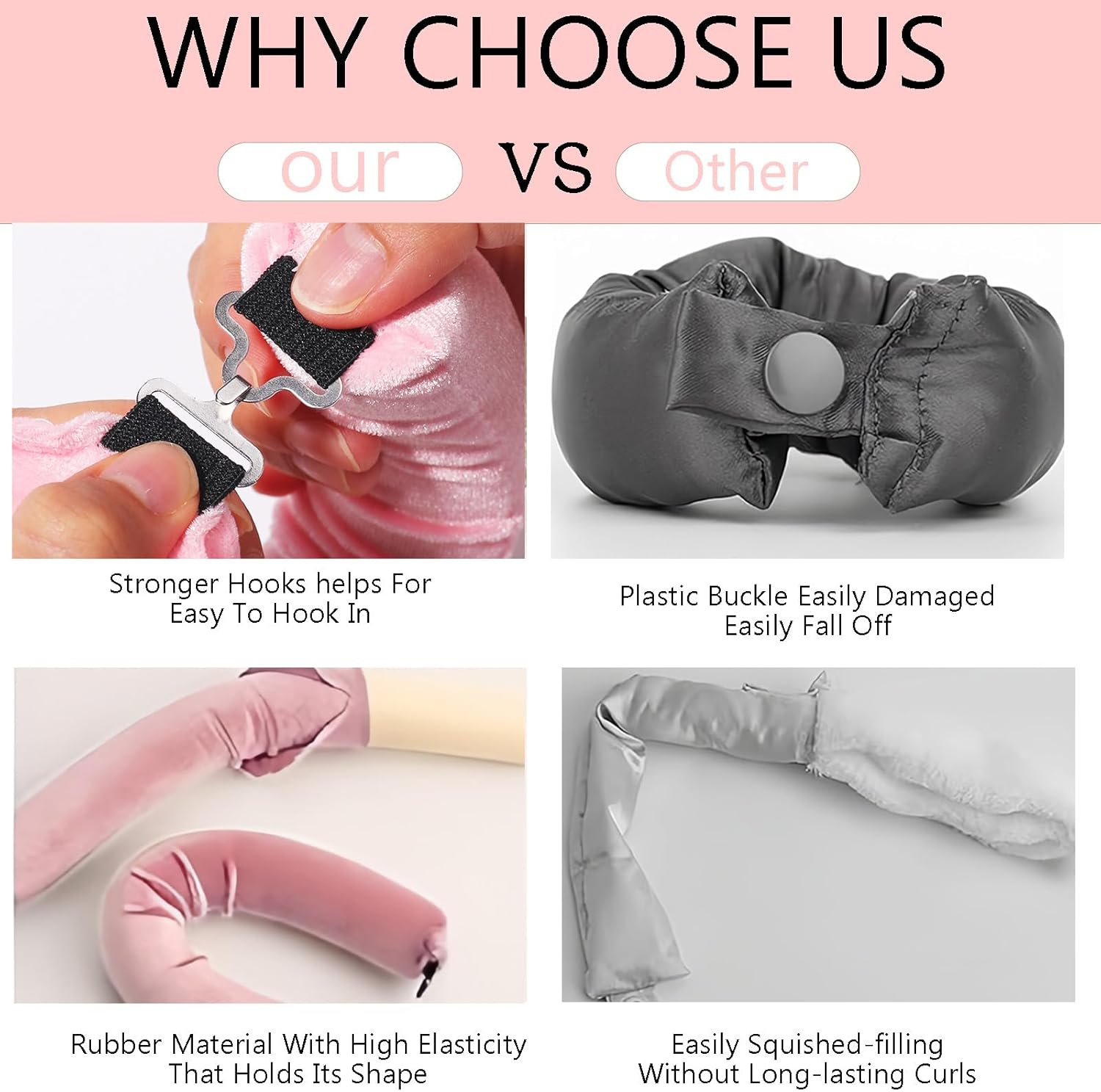 Heatless Hair Curler Rod Headband for Hair Styling, Sleep Overnight Heatless Curling Rollers Set Styling Tools, 4 Pack Pink Curling Rods with One Silk Head Scarf image number 5