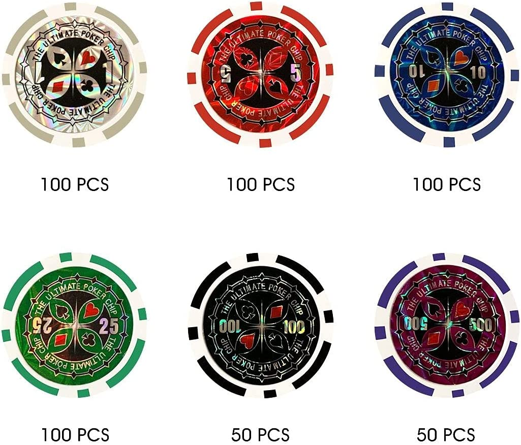Casino Poker Chips Set, 500PCS 11.5 Gram 6 Colors Casino Chips Poker Set with Aluminum Travel Case,6 Buttons，2 Decks of Cards, 5 Dice, for Texas Holdem Blackjack Gambling image number 5