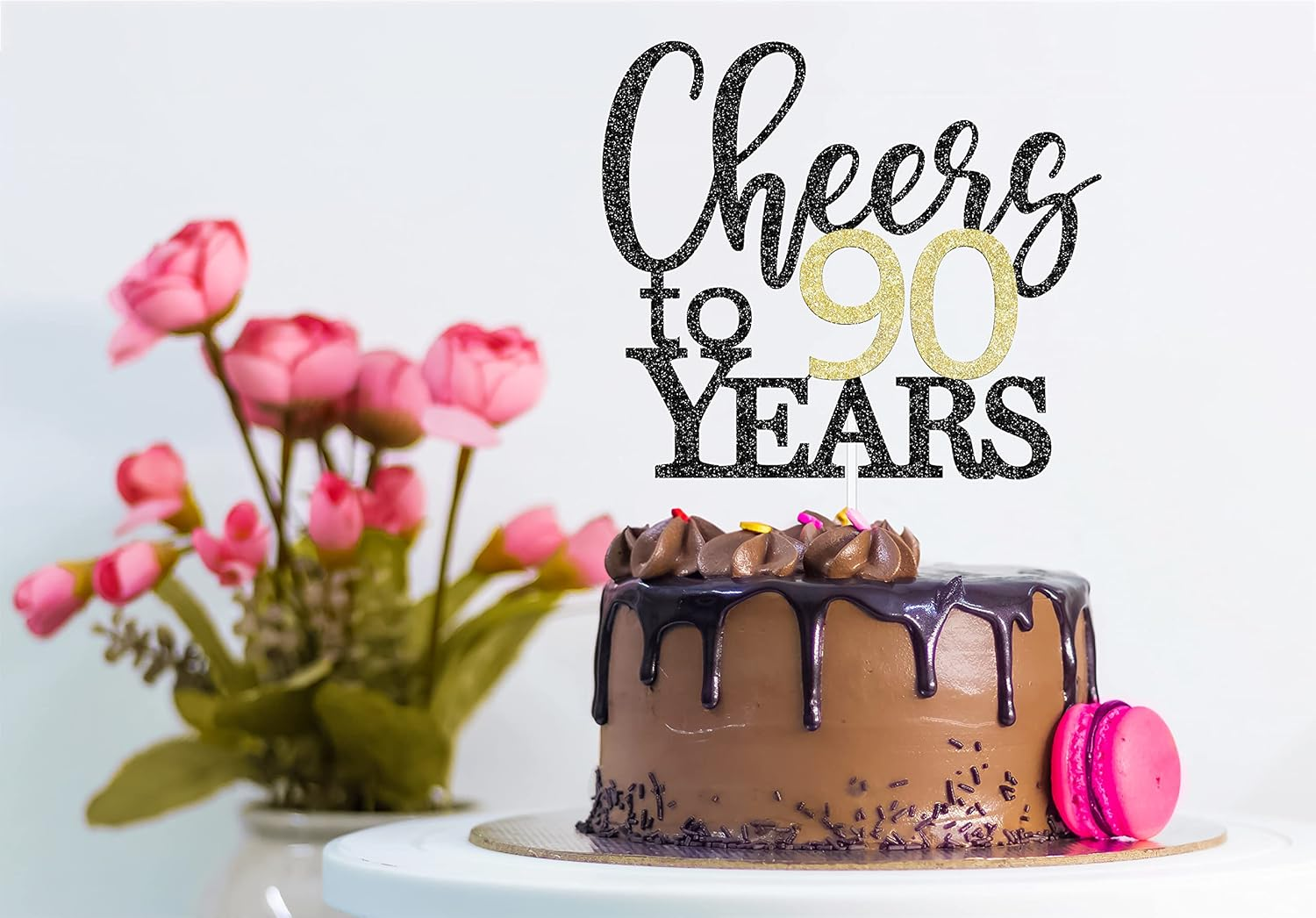 LOVENJOY Cheers to 90 Years Cake Topper for Happy 90Th Birthday Anniversary Cake Decorations, Dual-Side Black and Gold Glitter image number 6