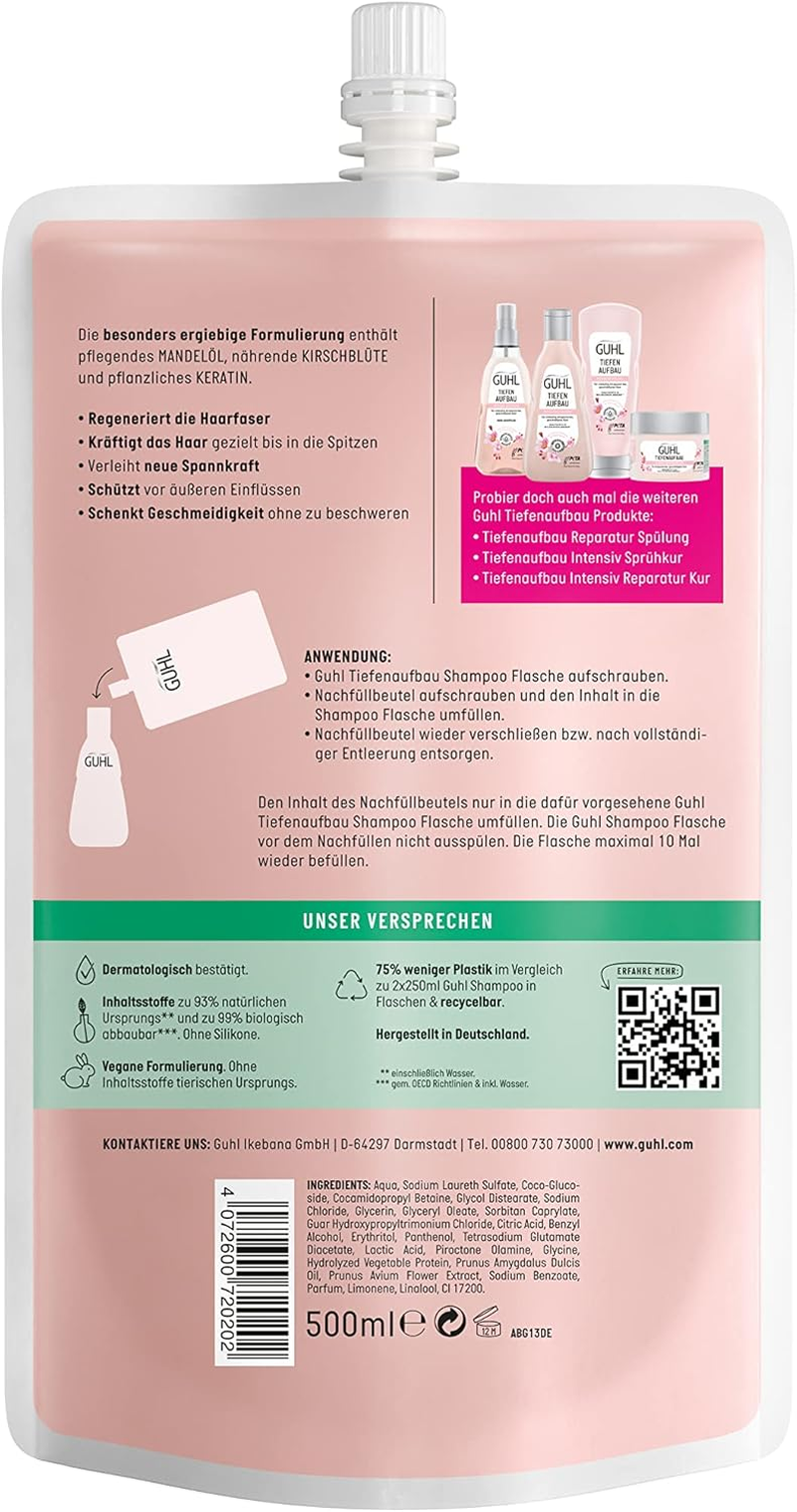 Guhl Deep Build-Up Refill Bag, 500 Ml, Shampoo, Repairs the Hair Structure, Hair Type: Damaged, Need for Repair, Sufficient for Refilling 2 Guhl Bottles